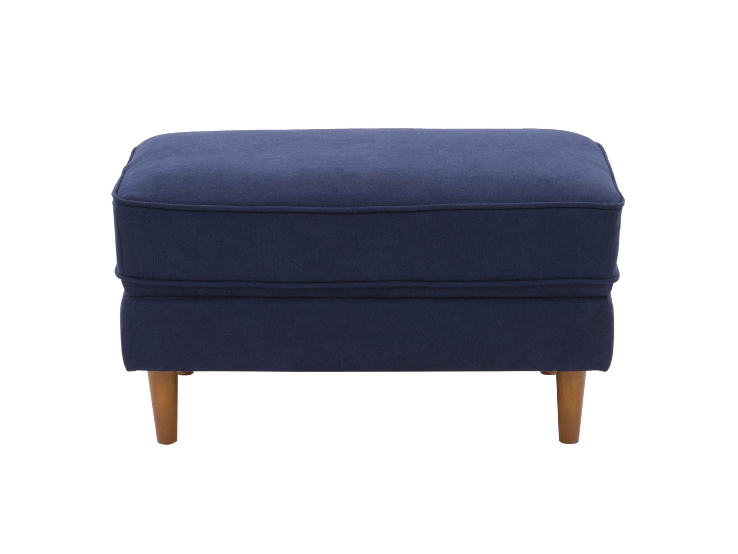 Navy blue accent chair with ottoman, featuring plush upholstery, sleek wooden legs, and a modern design.