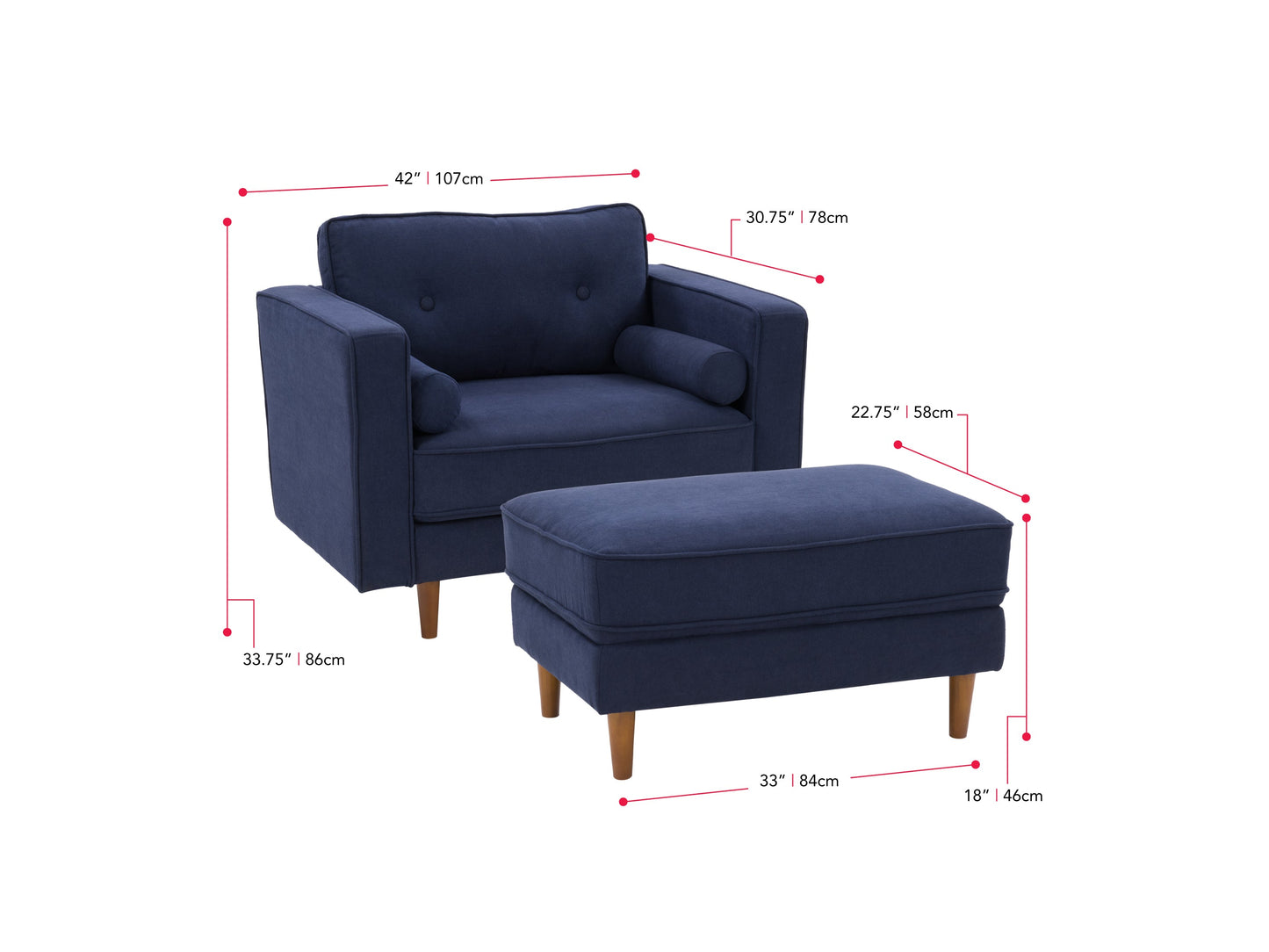 Navy blue accent chair with ottoman, sleek wooden legs, and plush velvet upholstery.