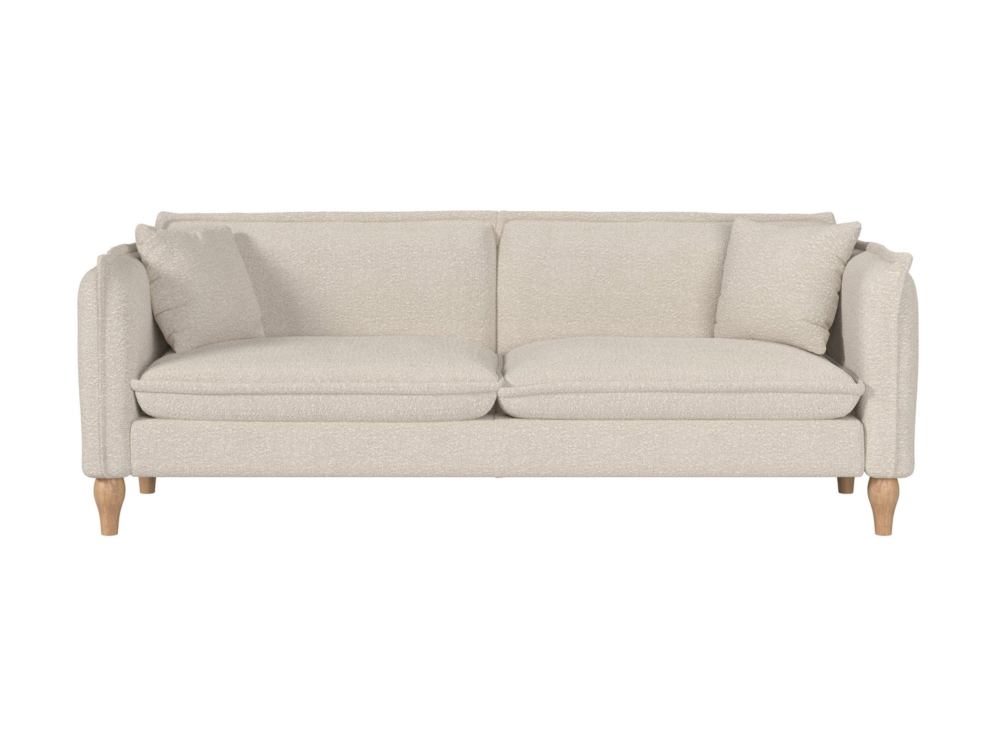 Cream boucle sofa with wooden legs, tufted backrest, and modern minimalist design.