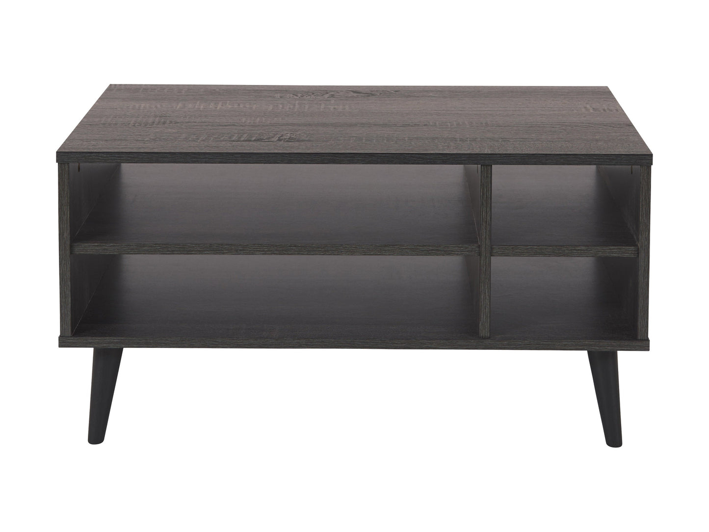 Dark grey rectangle coffee table with storage, wooden legs, and minimalist design.