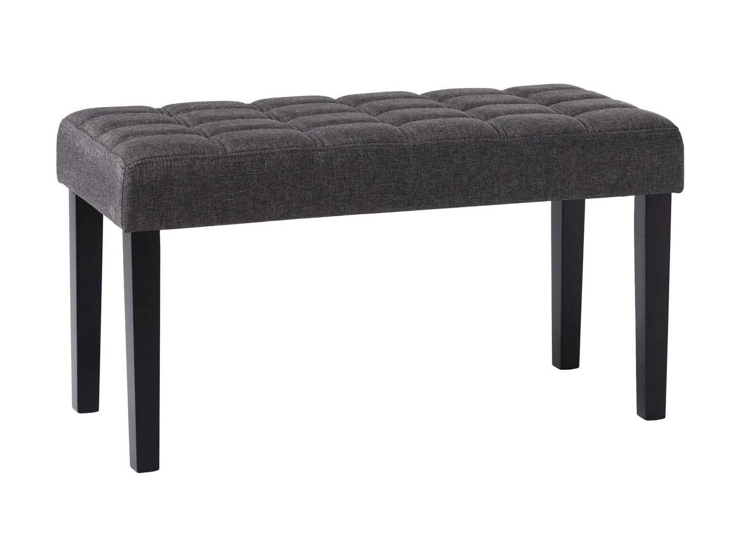 Grey entryway bench with cushioned seat, wooden legs, and modern minimalist design.