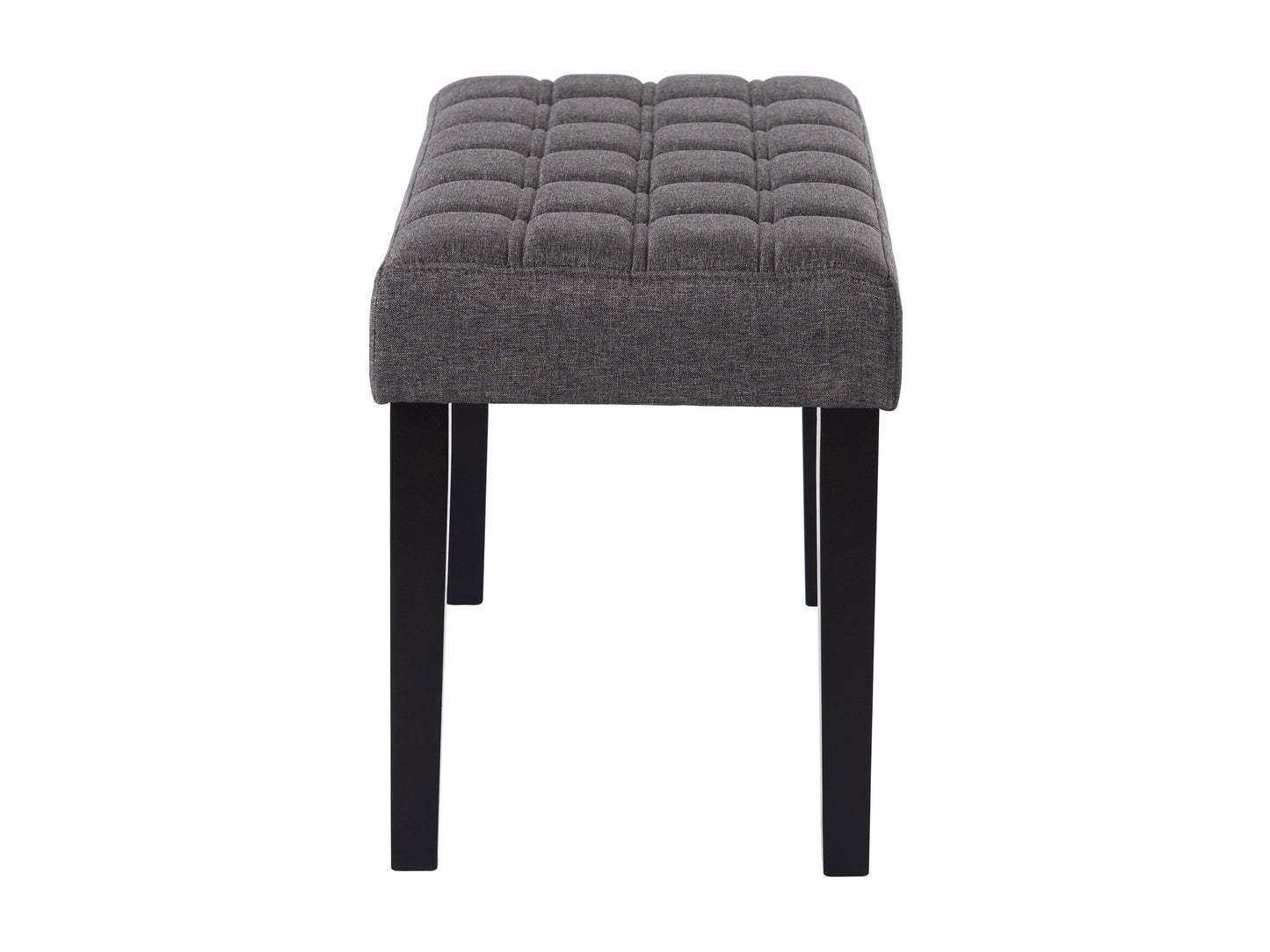 Grey entryway bench with cushioned seat, wooden frame, and minimalist design.