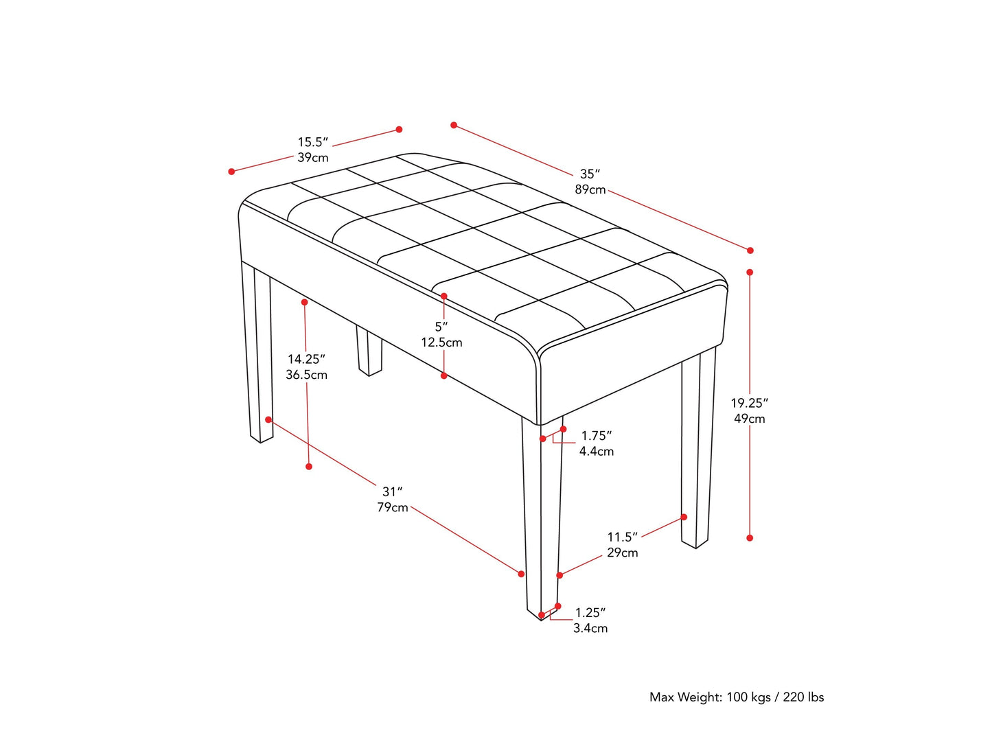 Beige entryway bench with tufted cushions, wooden legs, and a sleek minimalist design.