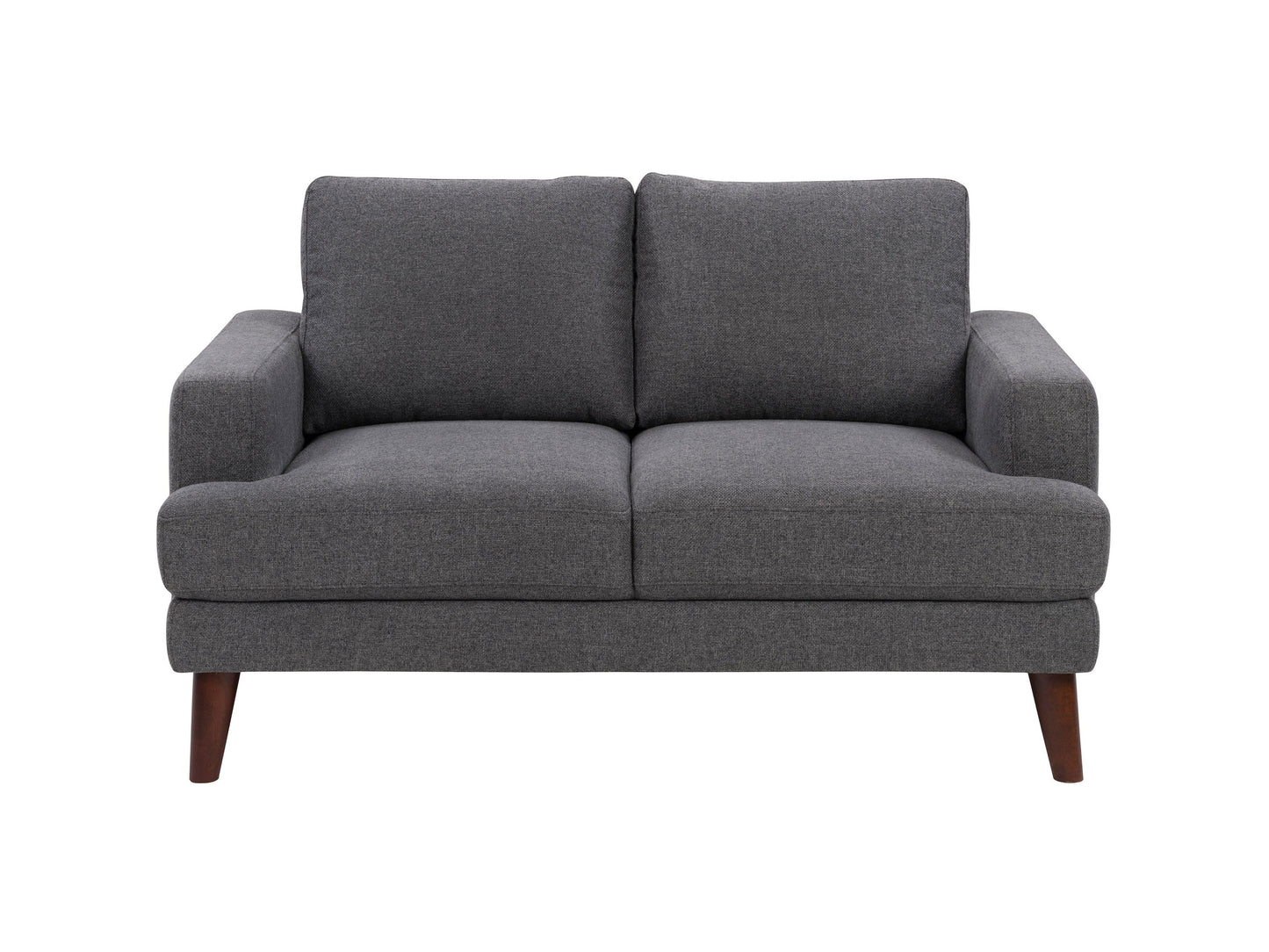 Dark grey modern loveseat with tufted cushions and wooden legs, perfect for contemporary living rooms.