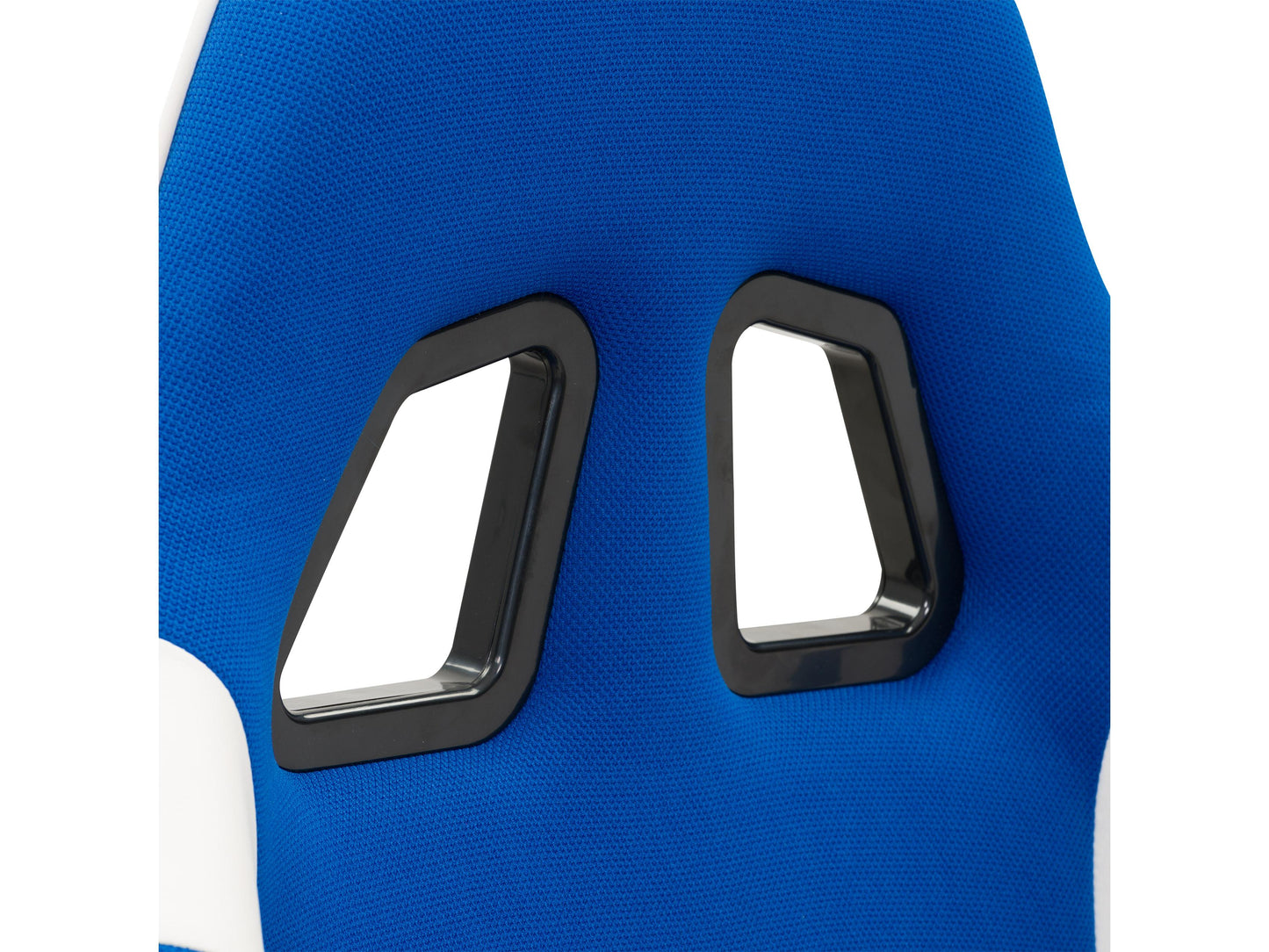 Ergonomic blue and white gaming chair with lumbar support, adjustable armrests, and high-density foam padding.
