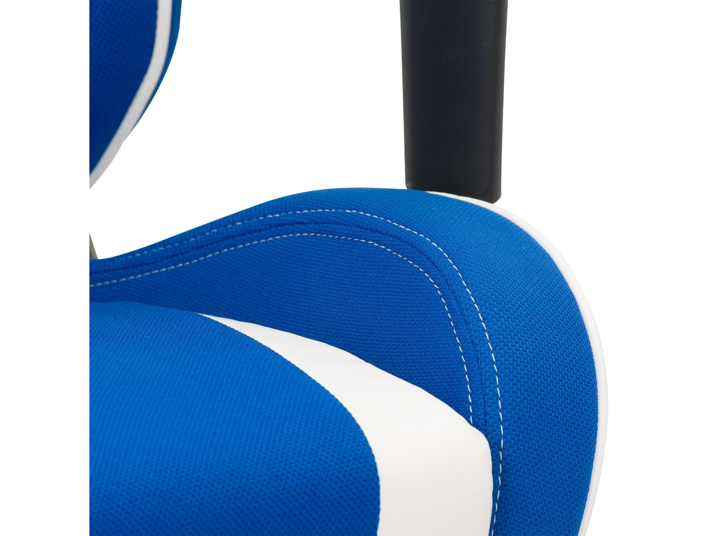 Ergonomic blue and white gaming chair with lumbar support, adjustable armrests, and high-density foam padding.