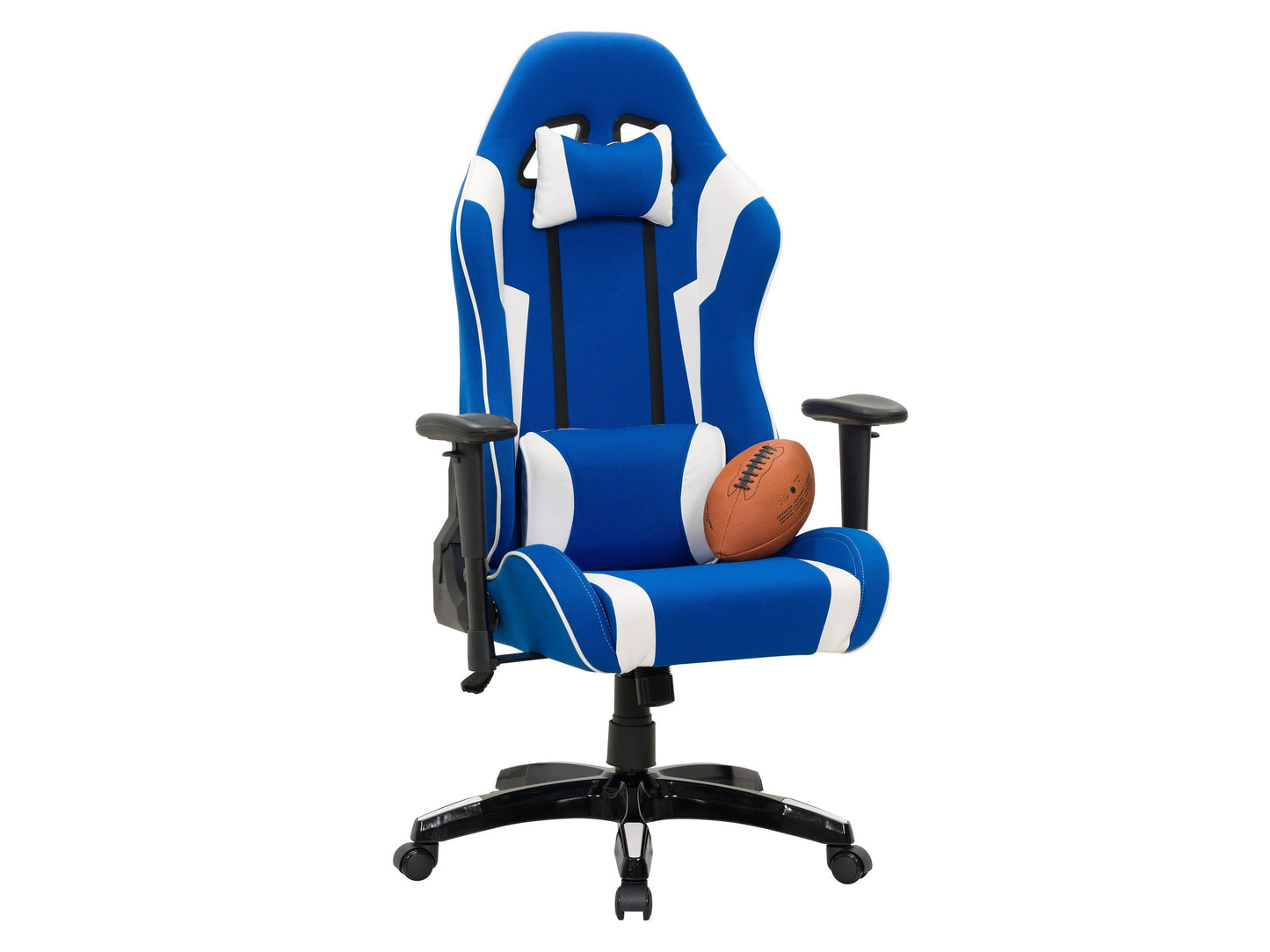 Ergonomic blue and white gaming chair with adjustable armrests, high back support, and breathable mesh fabric.
