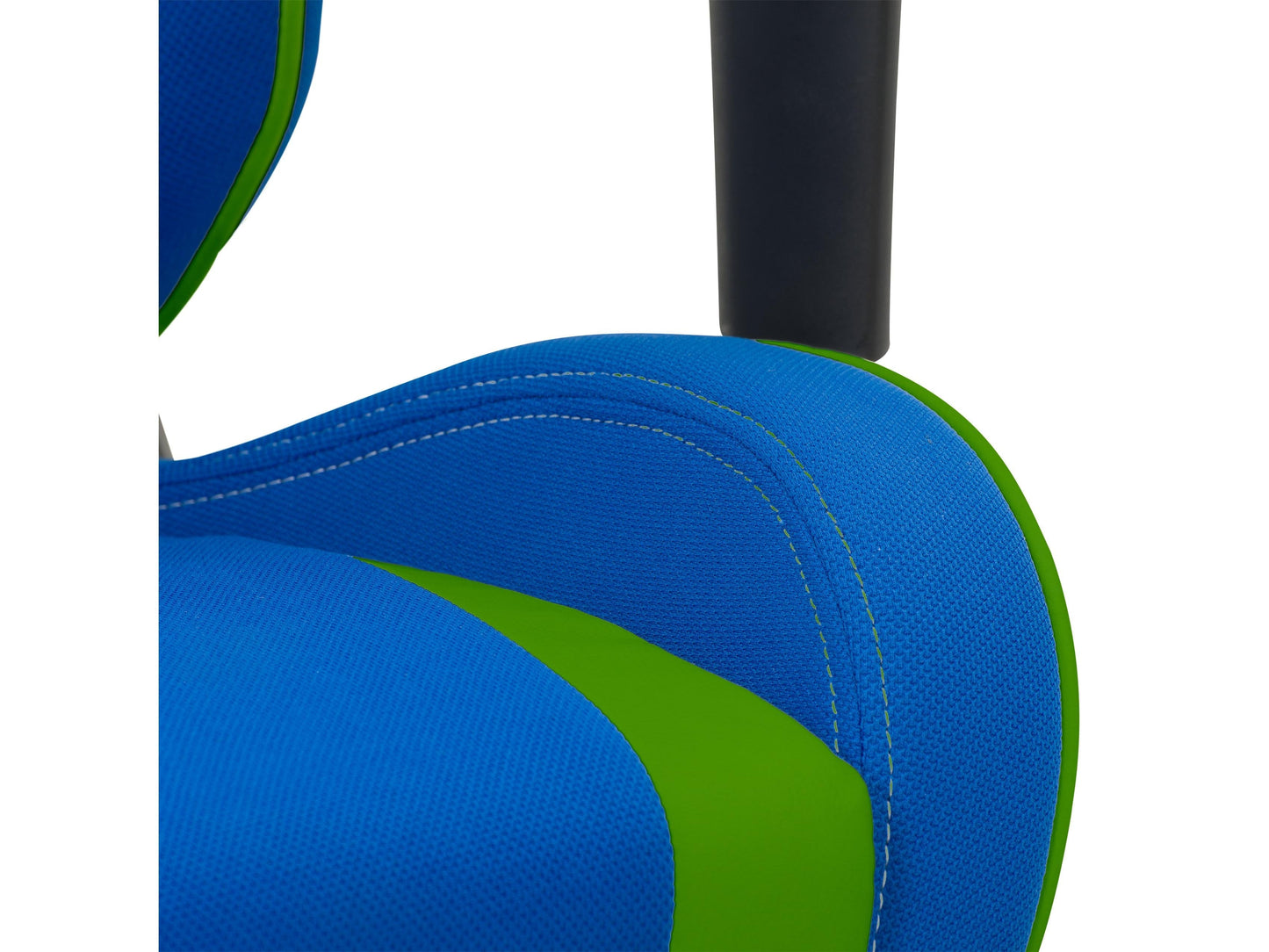 Ergonomic blue and green gaming chair with adjustable armrests, lumbar support, and breathable mesh back.