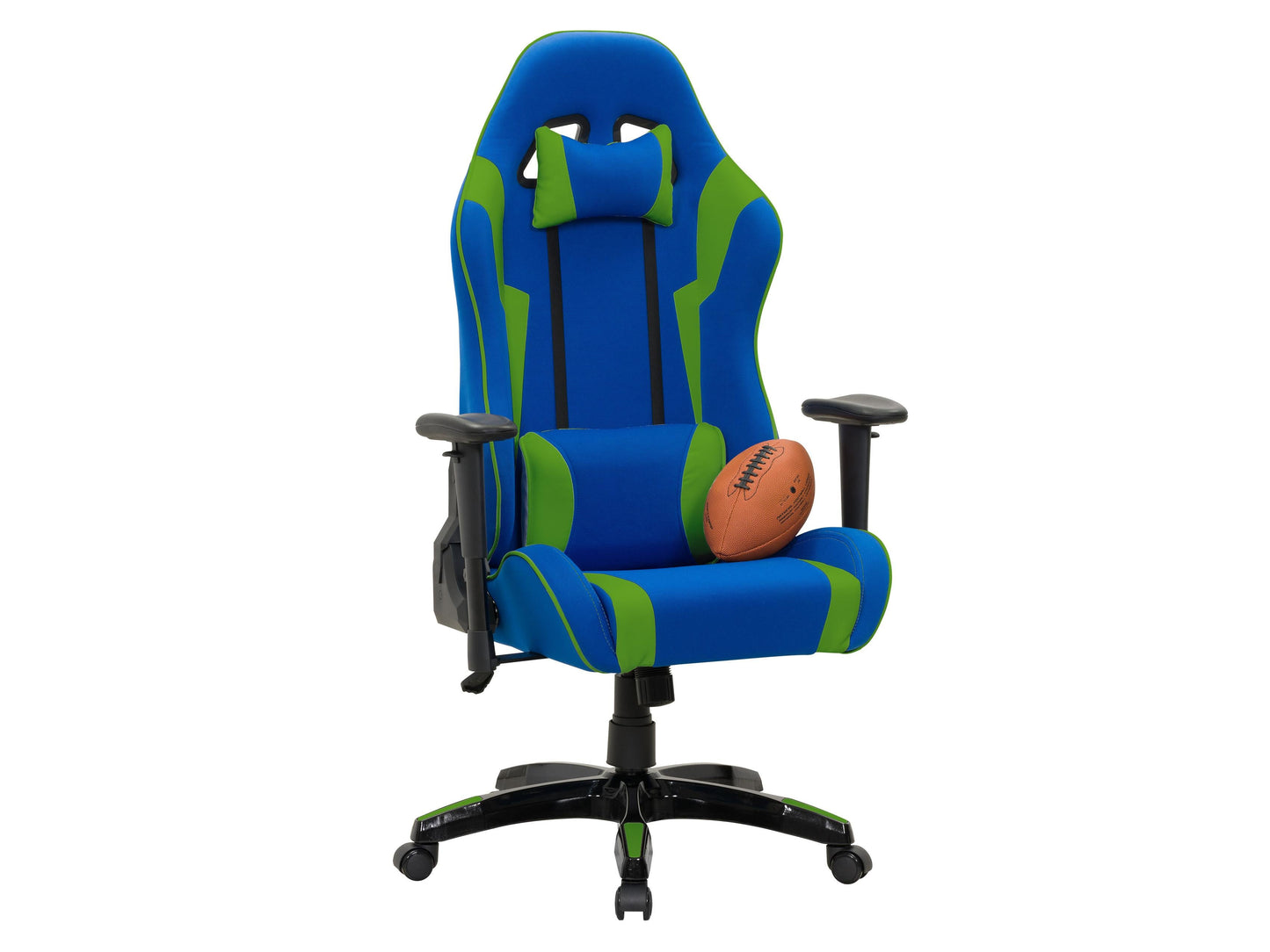 Ergonomic blue and green gaming chair with adjustable armrests, lumbar support, and breathable mesh back.
