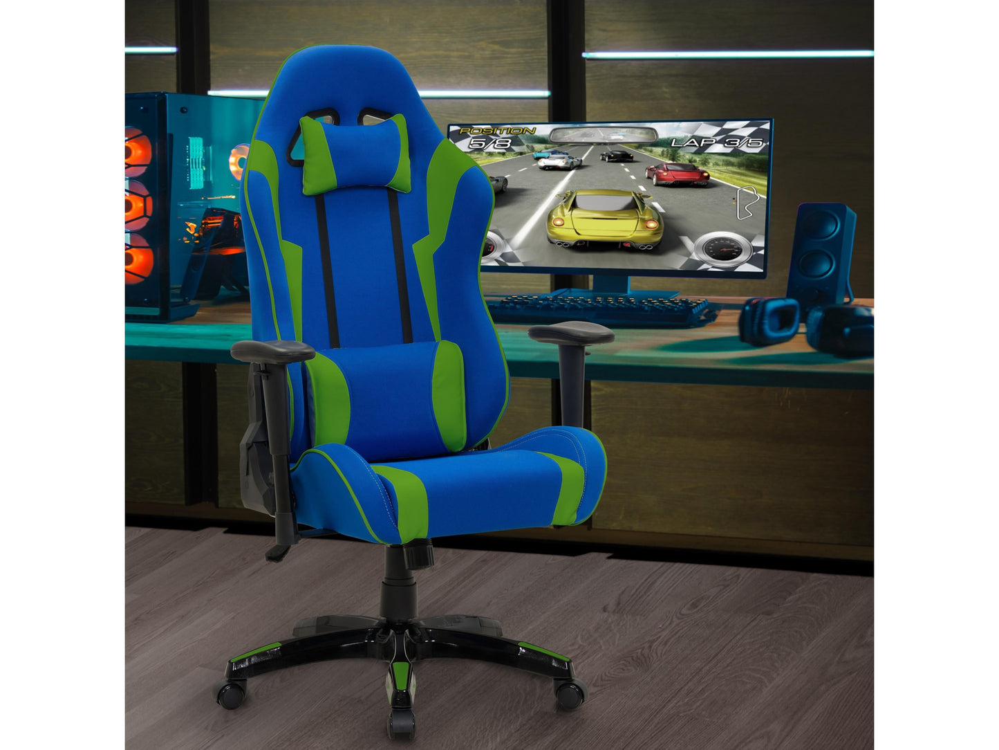 Blue and green ergonomic gaming chair with adjustable armrests, high back support, and breathable mesh fabric.