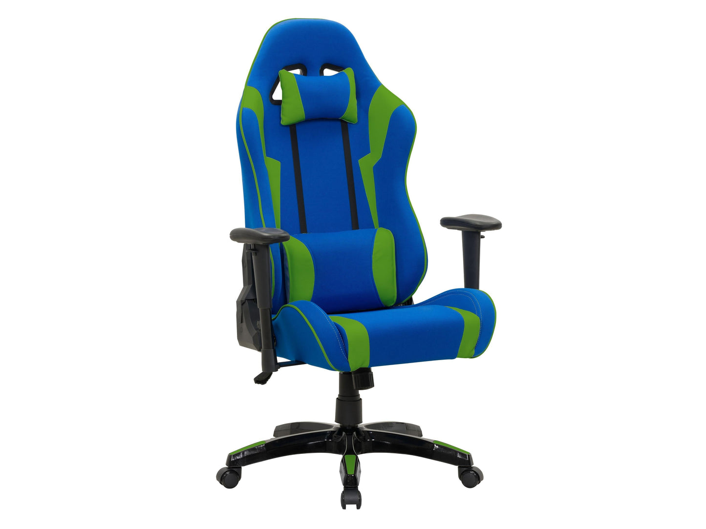Ergonomic blue and green gaming chair with adjustable armrests, lumbar support, and breathable mesh back.