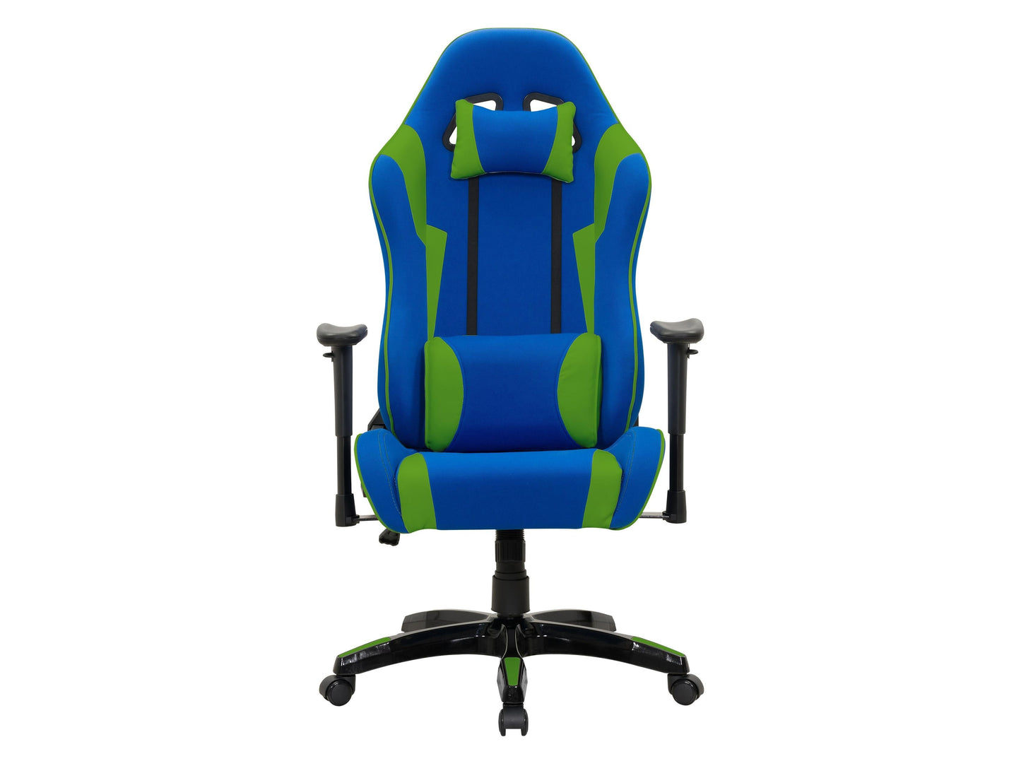 Ergonomic blue and green gaming chair with adjustable armrests, lumbar support, and breathable mesh back.