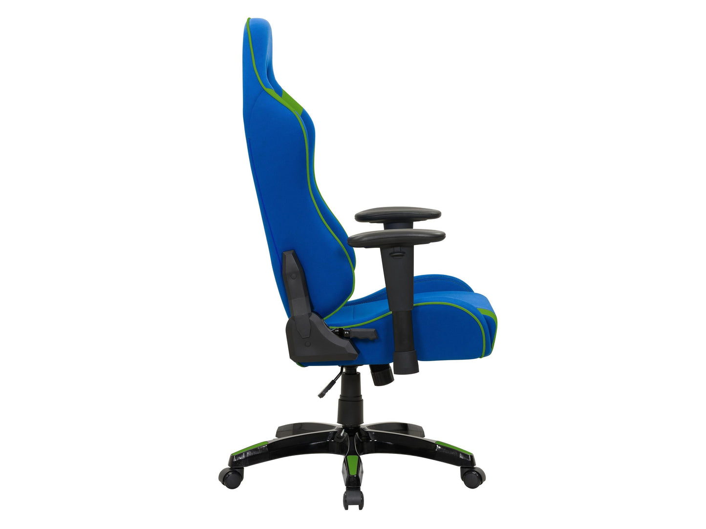 Ergonomic blue and green gaming chair with adjustable armrests, high back support, and breathable mesh fabric.