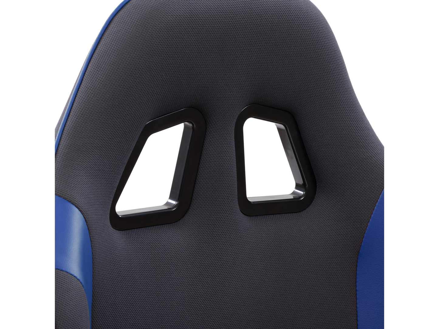 Ergonomic grey and blue gaming chair with adjustable armrests, lumbar support, and high-back design.
