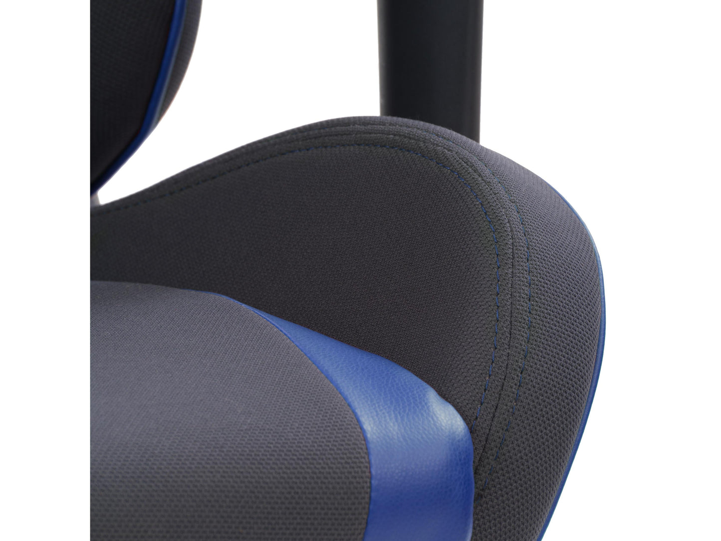 Ergonomic grey and blue gaming chair with lumbar support, adjustable armrests, and breathable mesh back.