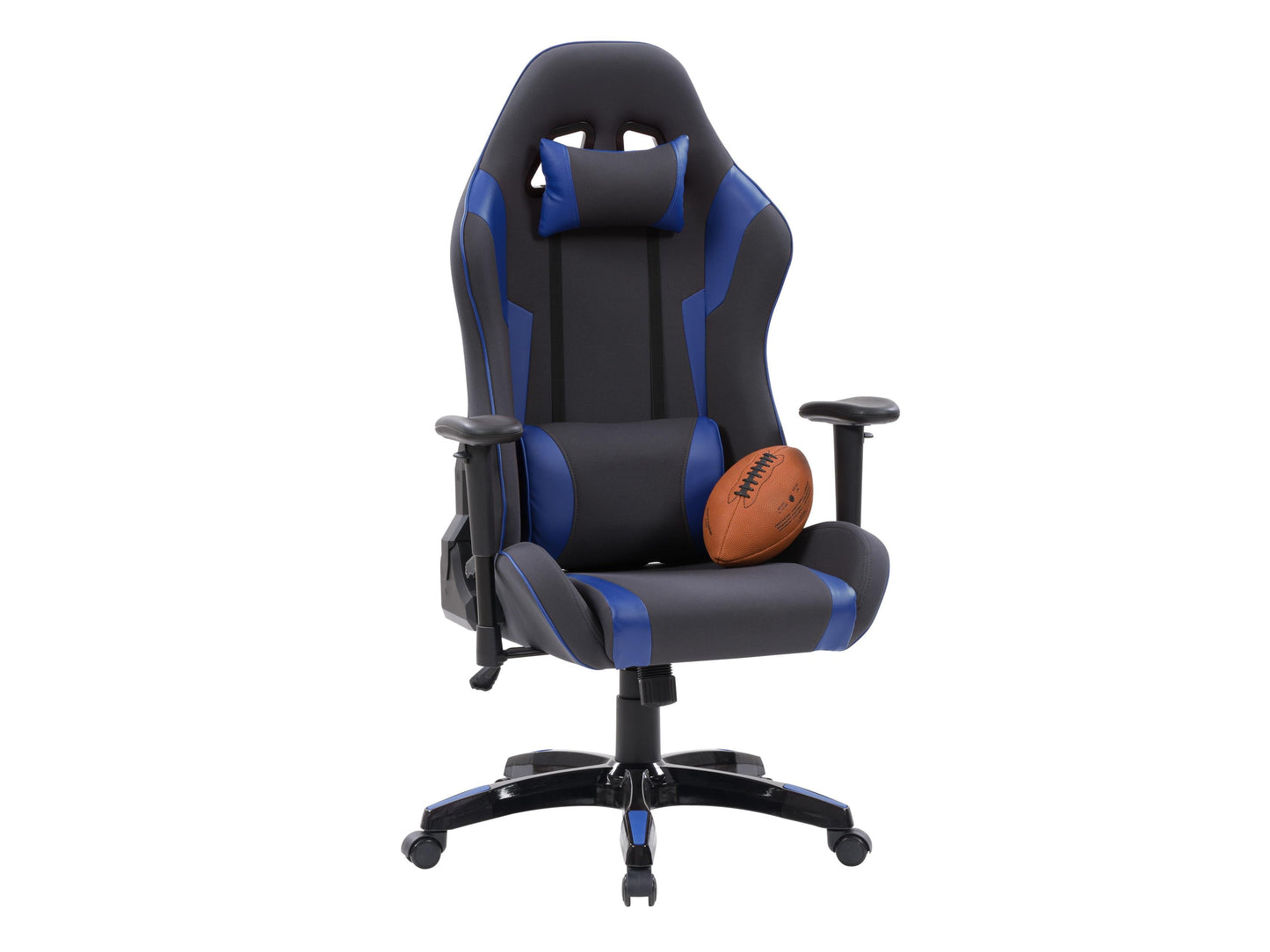 Ergonomic grey and blue gaming chair with lumbar support, adjustable armrests, and breathable mesh back.