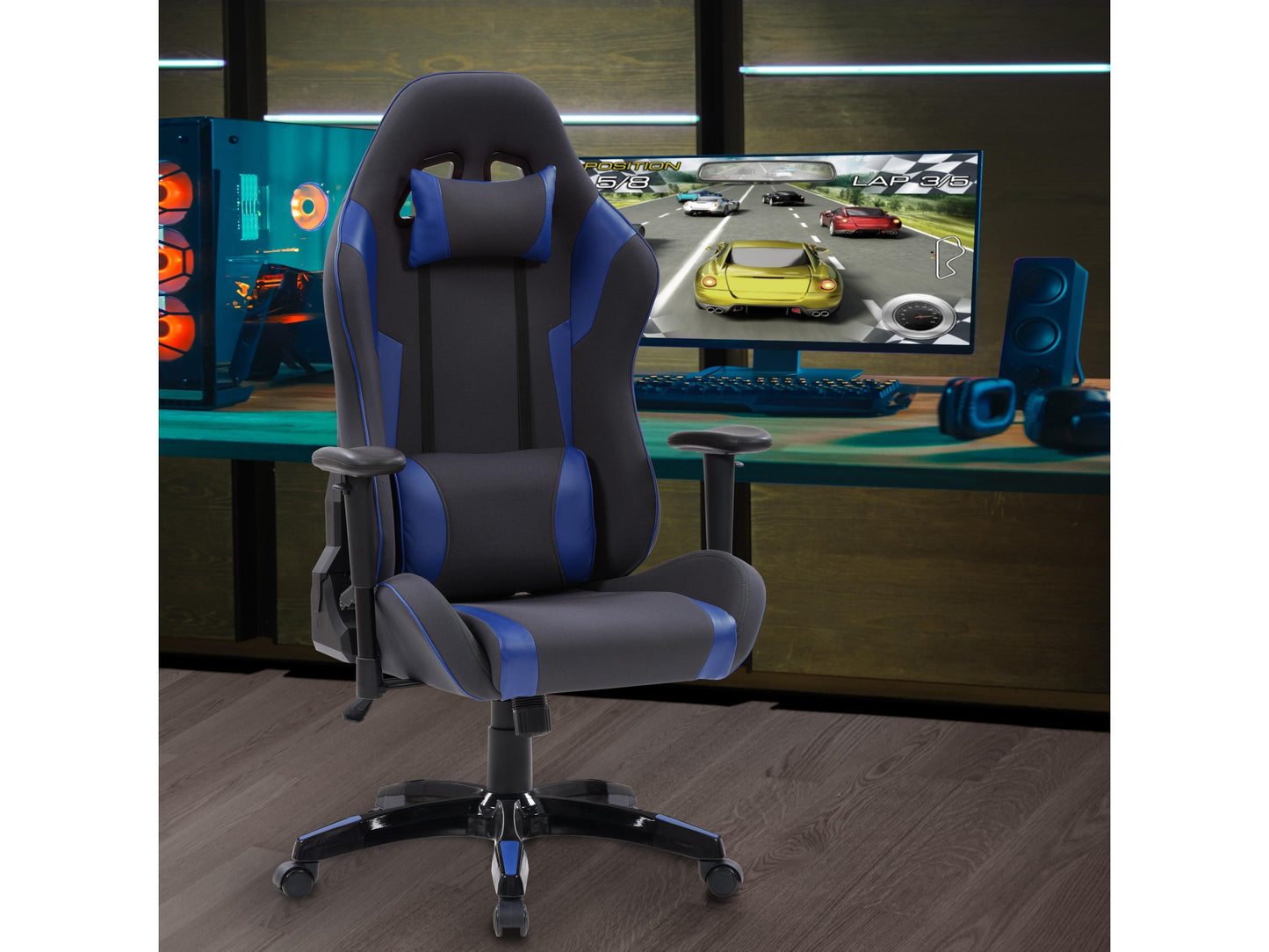 Ergonomic grey and blue gaming chair with lumbar support, adjustable armrests, and breathable mesh back.