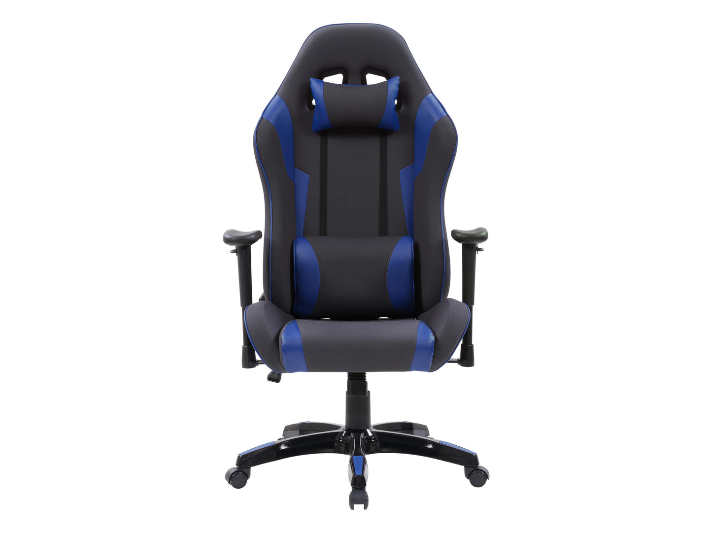 Ergonomic grey and blue gaming chair with adjustable armrests, lumbar support, and sleek modern design.