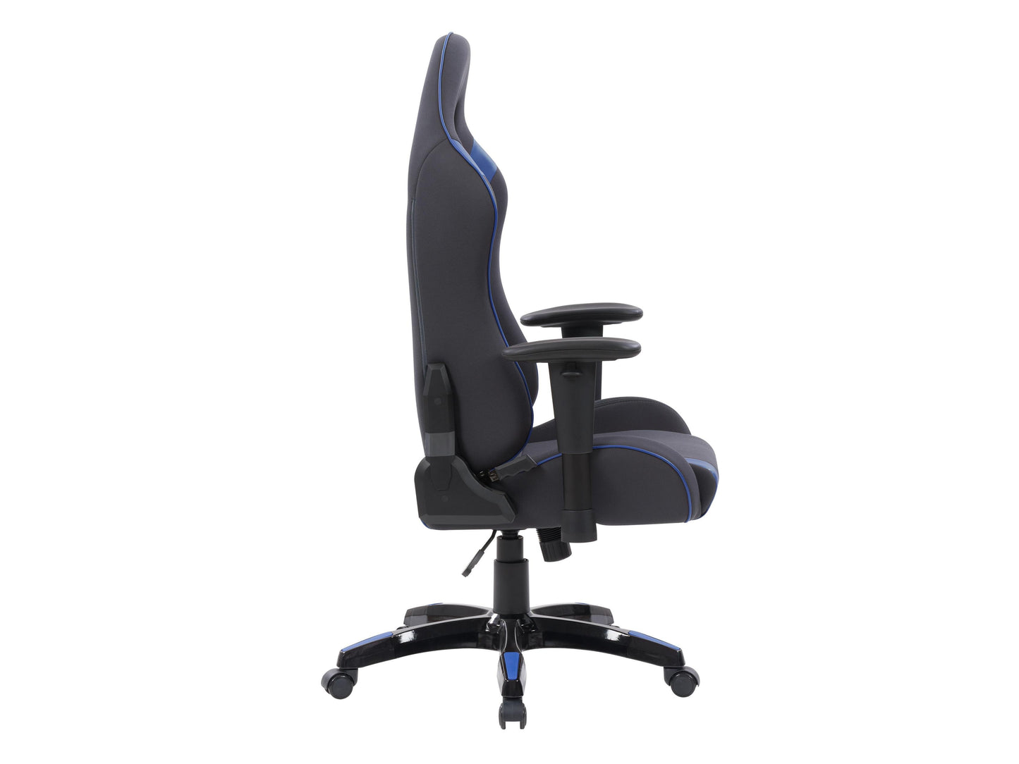 Ergonomic grey and blue gaming chair with adjustable armrests, lumbar support, and breathable mesh back.