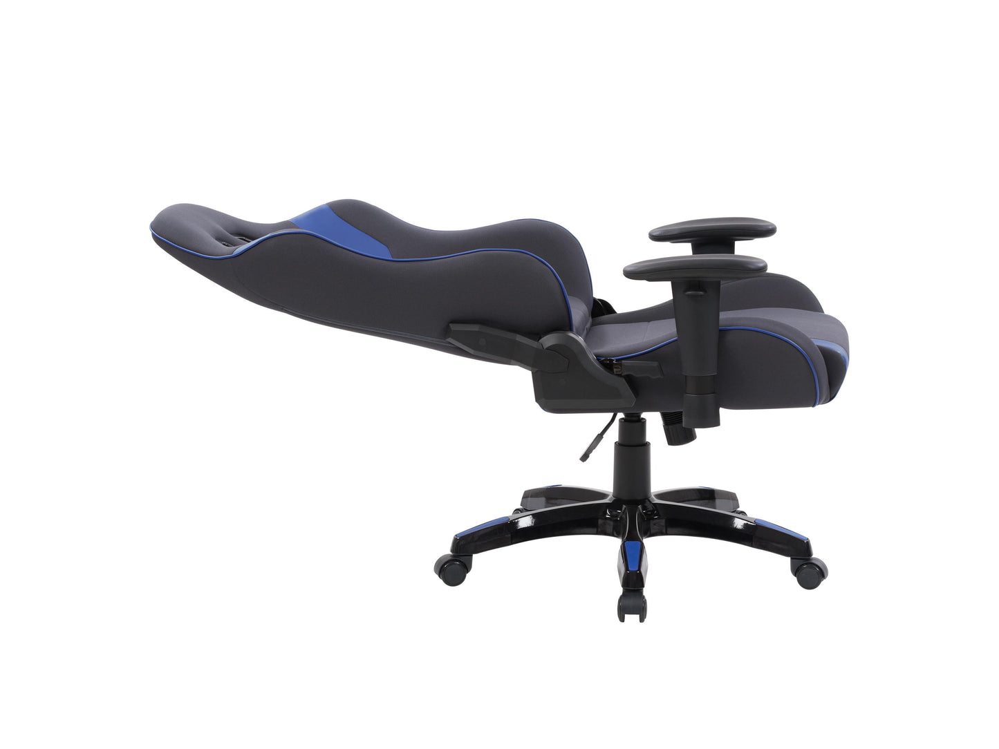 Ergonomic grey and blue gaming chair with adjustable armrests, lumbar support, and breathable mesh fabric.