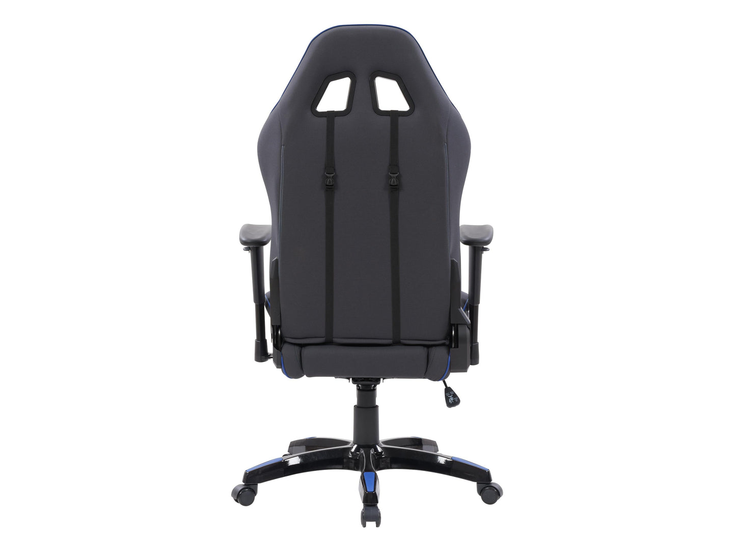 Ergonomic grey and blue gaming chair with lumbar support, adjustable armrests, and breathable mesh back.