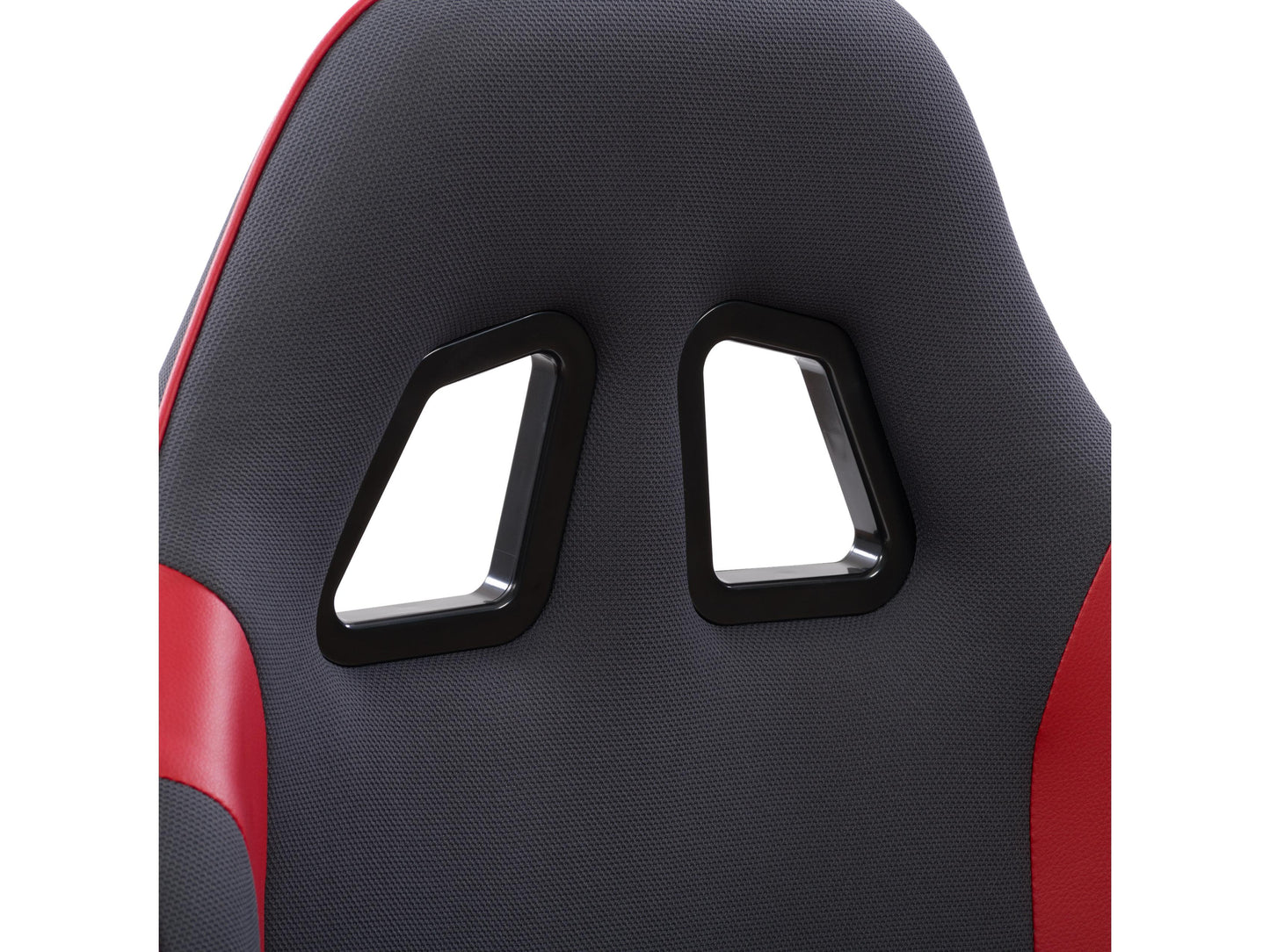 Ergonomic grey and red gaming chair with adjustable armrests, lumbar support, and breathable mesh back.
