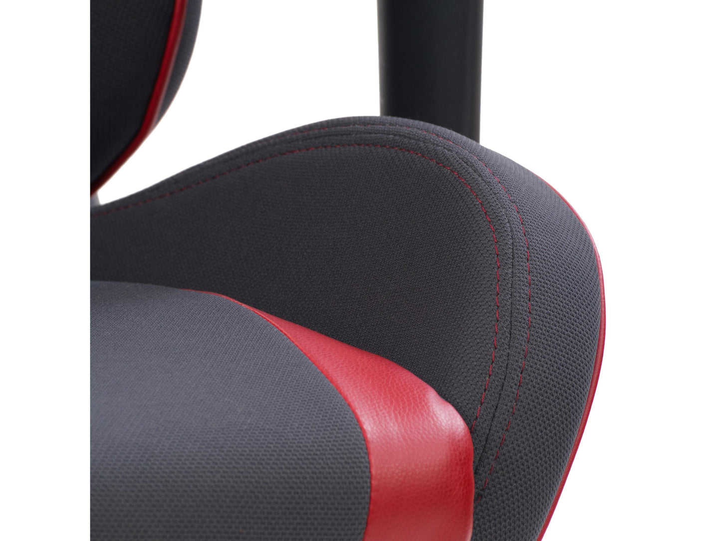 Ergonomic grey and red gaming chair with adjustable armrests, lumbar support, and breathable mesh back.