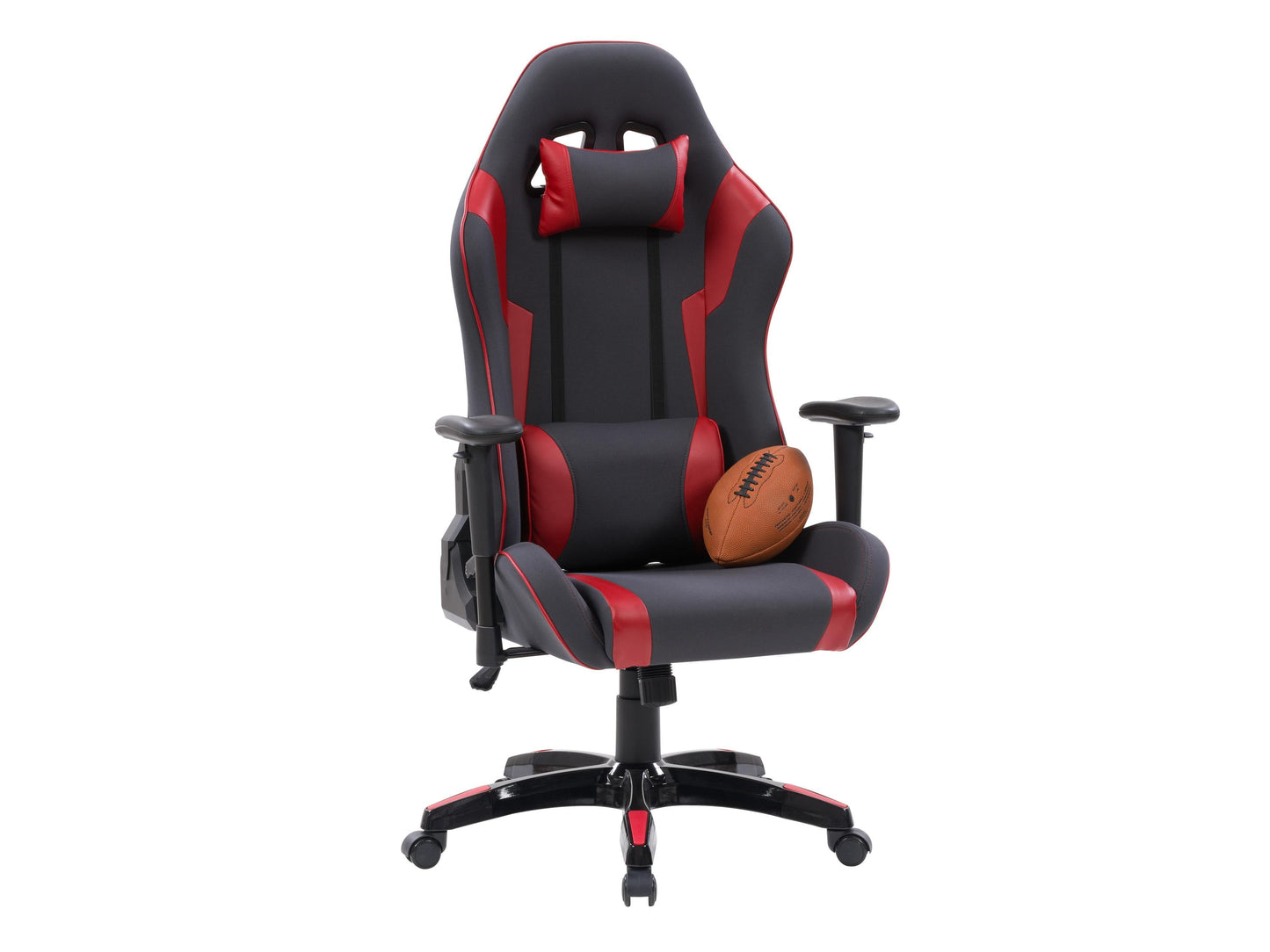 Ergonomic grey and red gaming chair with lumbar support, adjustable armrests, and breathable mesh back.