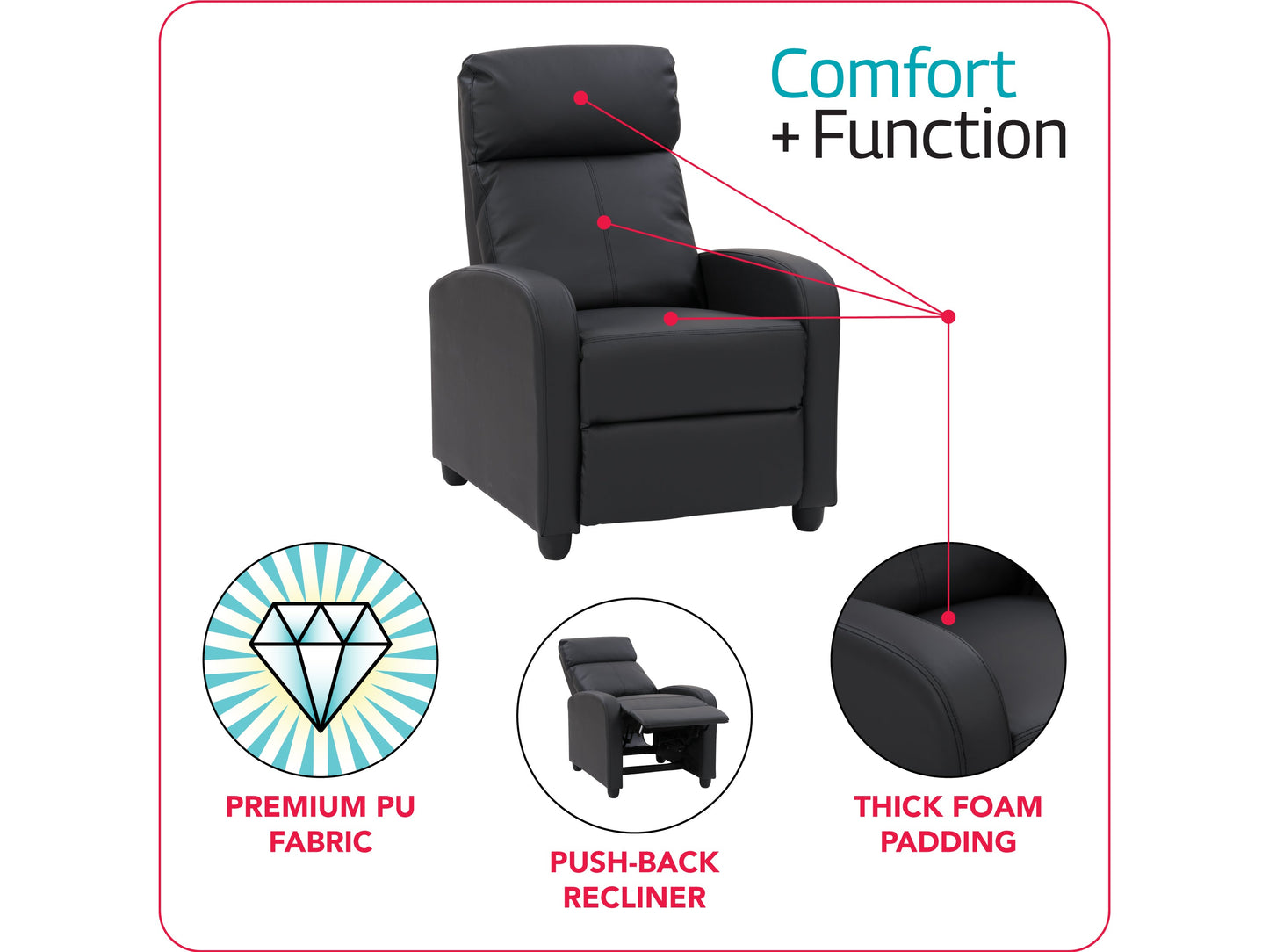 Black push back recliner with plush cushions, sleek design, and wooden legs.