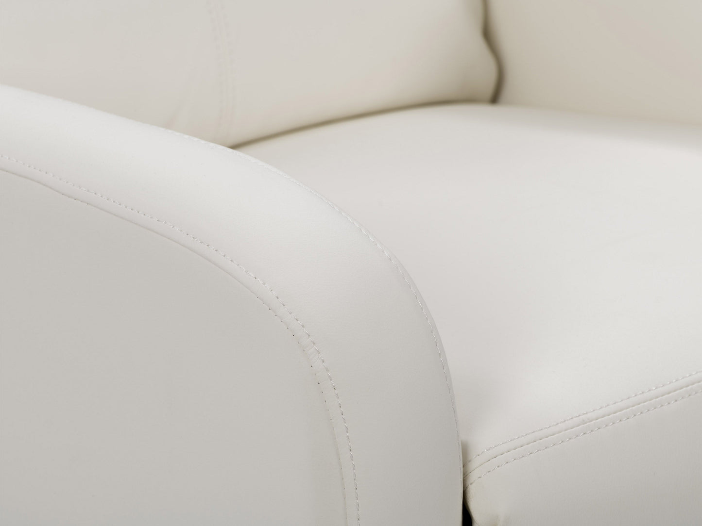 White push-back recliner with plush upholstery, sleek design, and wooden legs.