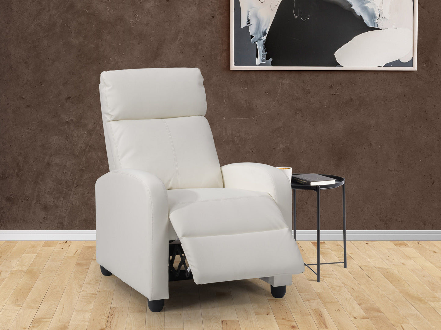 White push back recliner with soft fabric, wooden legs, and a comfortable cushioned backrest for a modern living room.