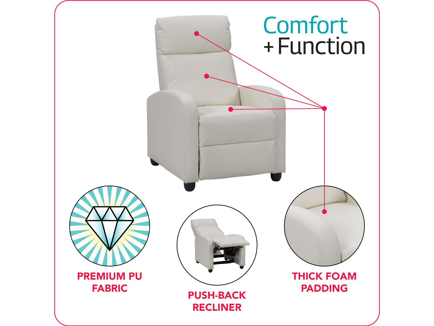 White push back recliner with plush cushioning, sleek design, and wooden legs for modern living rooms.