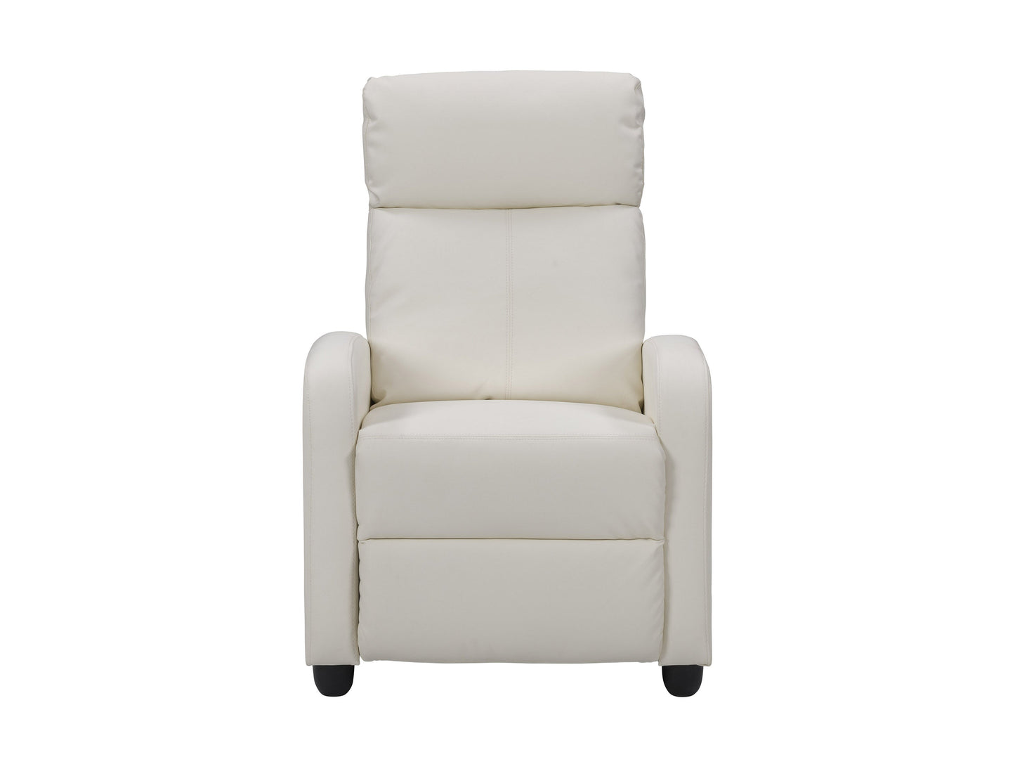 White push-back recliner with plush cushions, sleek modern design, and wooden legs.