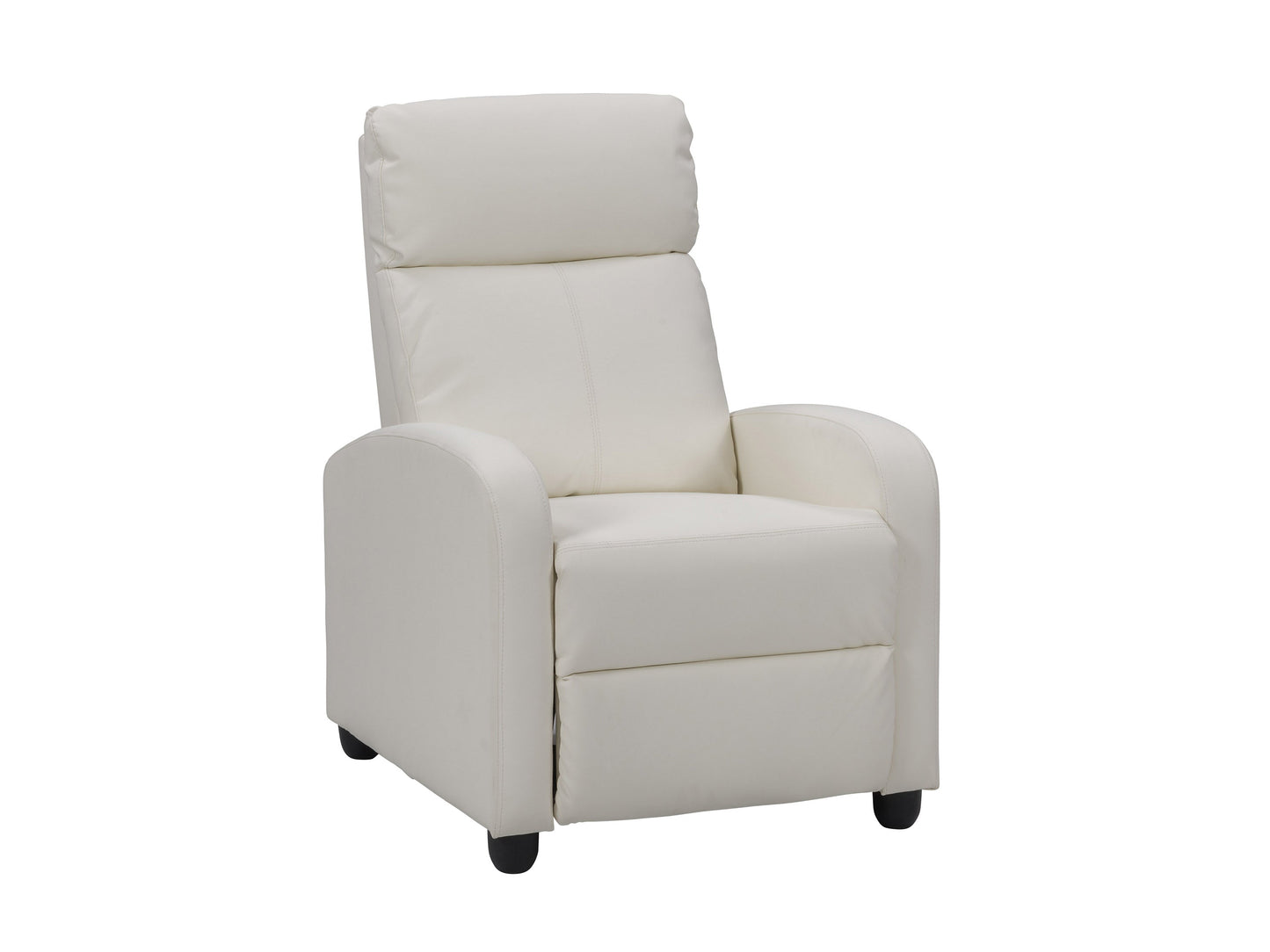 White push back recliner with soft fabric upholstery, wooden legs, and a modern design.