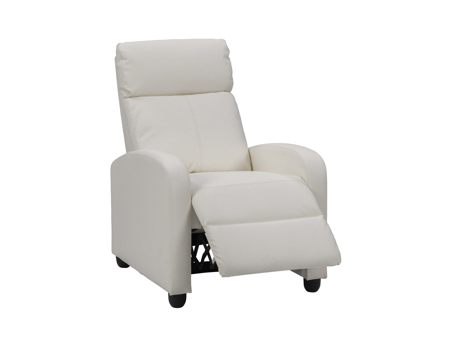 White push back recliner with plush cushioning, sleek design, and wooden legs.