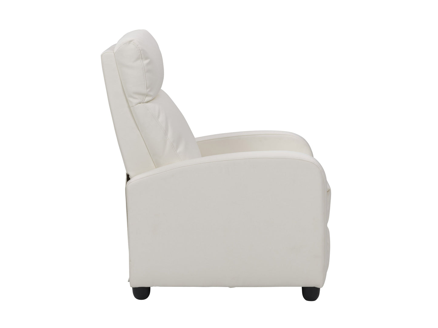 White push back recliner with plush cushioning and sleek wooden legs, perfect for modern living rooms.