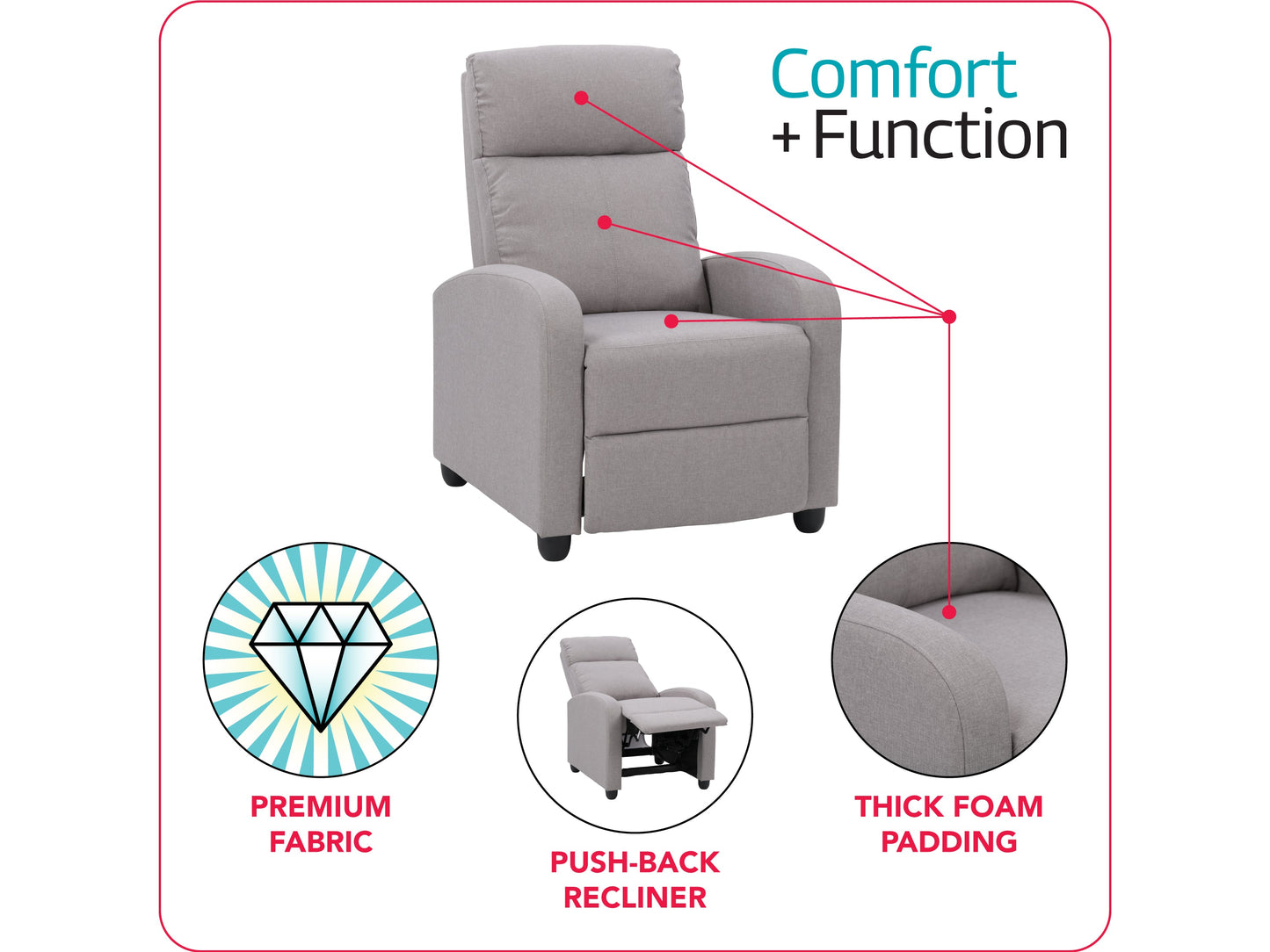 Light grey push back recliner with fabric upholstery and wooden legs, featuring a comfortable and modern design.