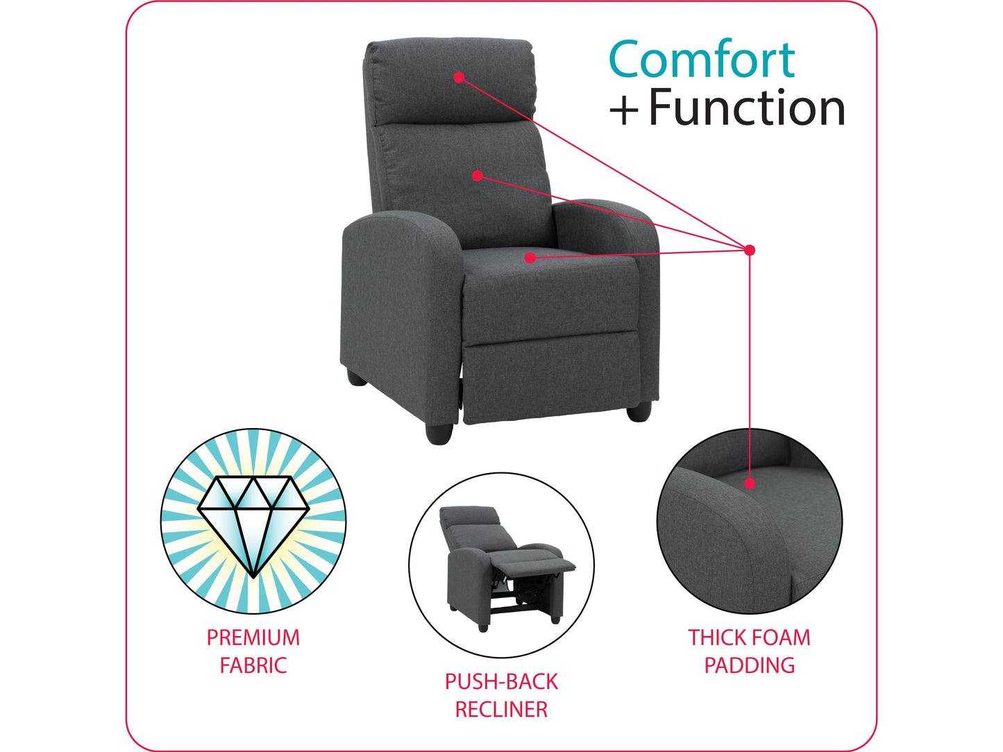 Dark grey push back recliner with soft fabric upholstery and wooden legs, featuring a sleek and modern design.