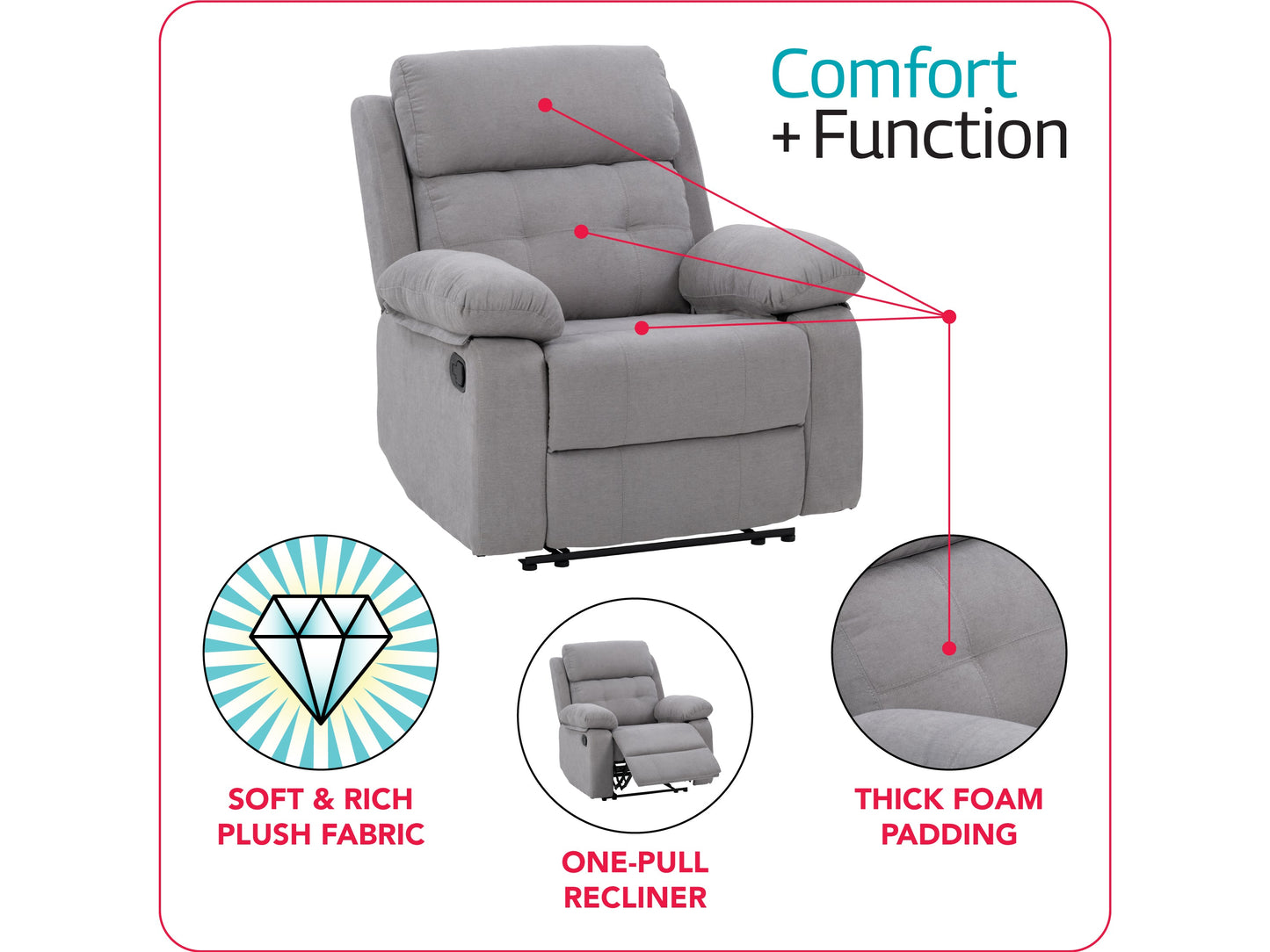 Light grey extra wide recliner with plush cushions, durable fabric, and ergonomic design.
