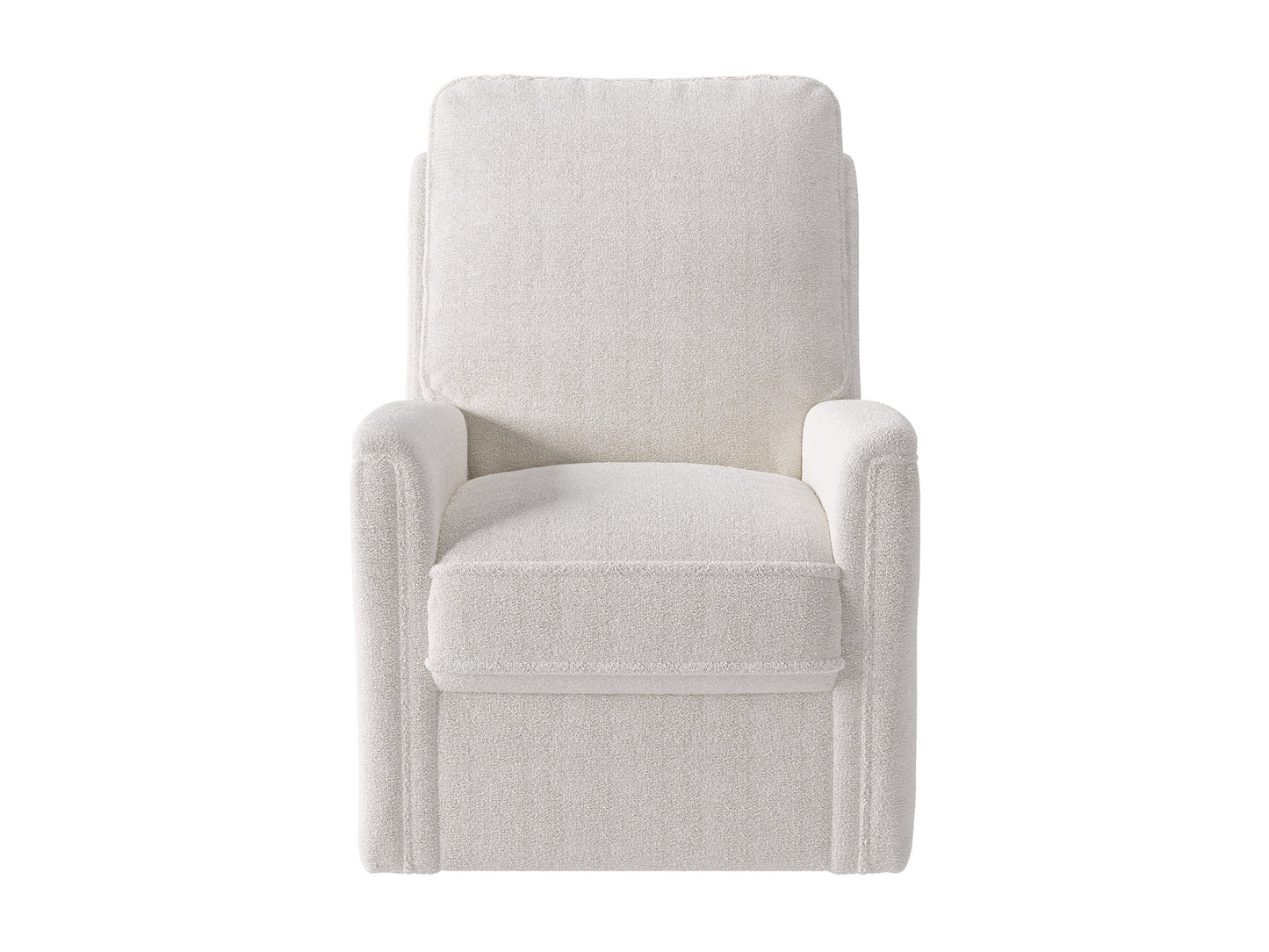 Boucle swivel recliner chair in grey fabric with wooden base and modern design.