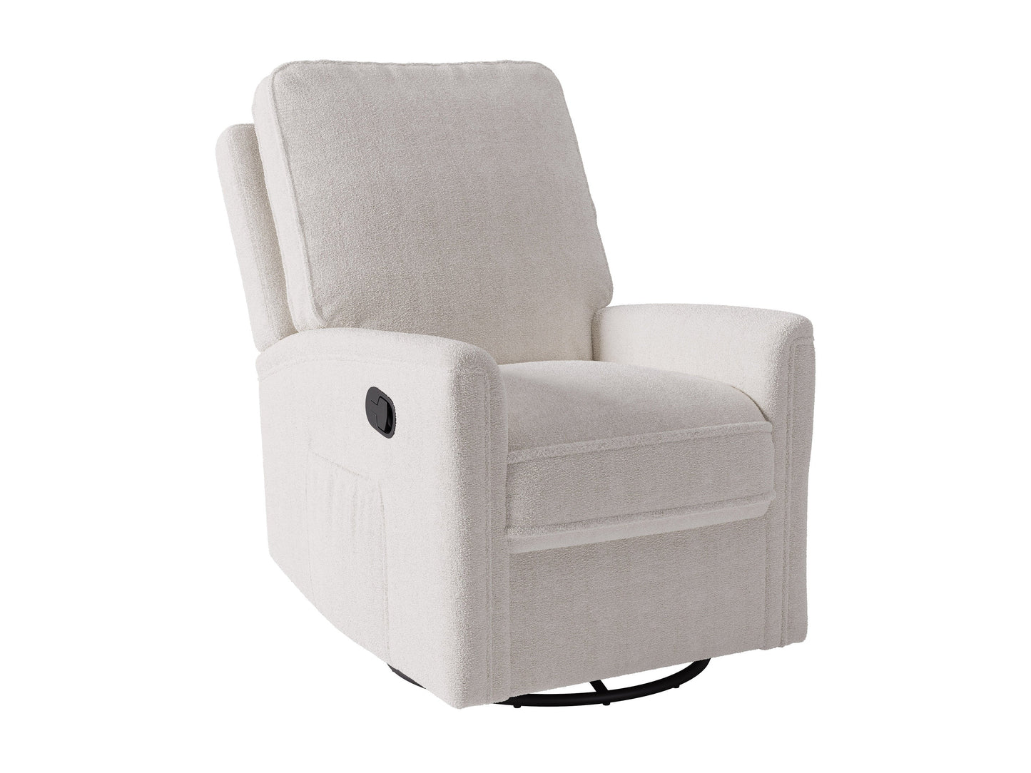 Boucle swivel recliner chair in grey fabric with plush cushions and sleek modern design.