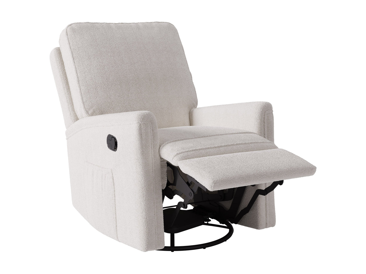 Boucle swivel recliner chair in grey fabric with sleek design and comfortable padded cushions.