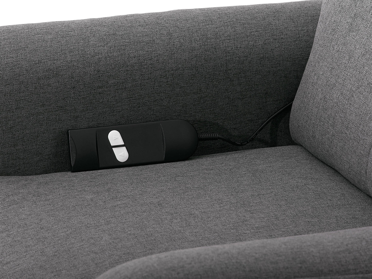 Medium grey power lift recliner with plush fabric, ergonomic design, and wooden legs.