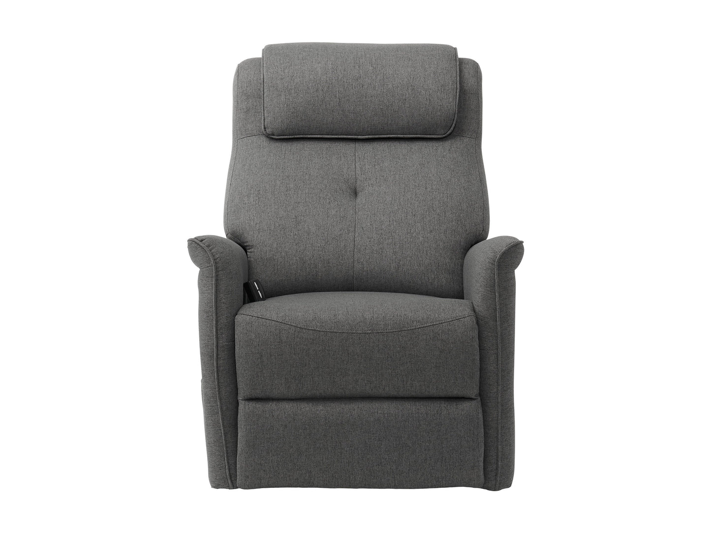 Medium grey power lift recliner with plush fabric upholstery, ergonomic design, and wooden legs.