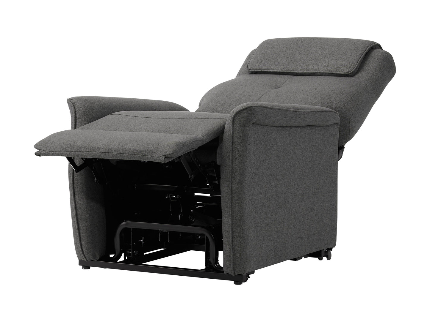 Medium grey power lift recliner with tufted cushions, ergonomic design, and sturdy wooden legs.