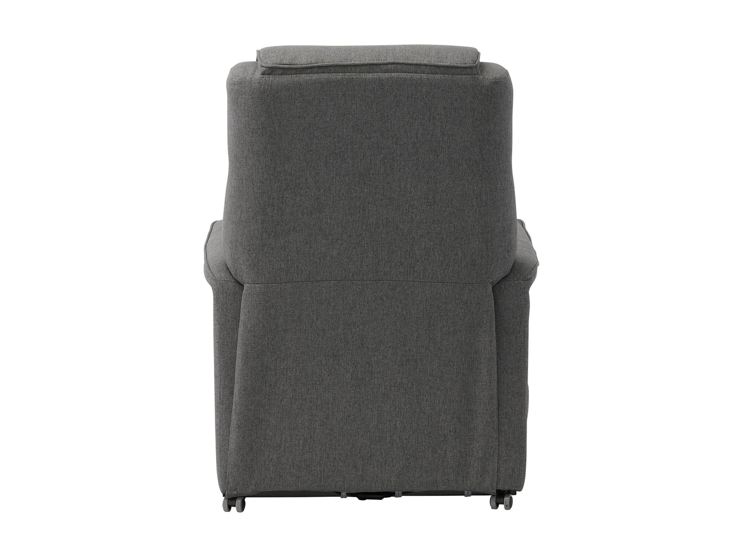 Medium grey power lift recliner with plush cushions, ergonomic design, and remote control for easy adjustment.