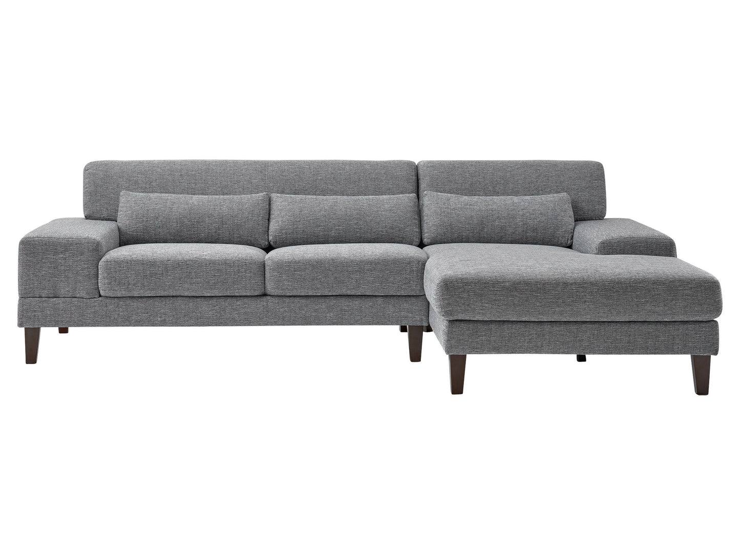 Grey modern sectional sofa with right-facing chaise, tufted cushions, and wooden legs.