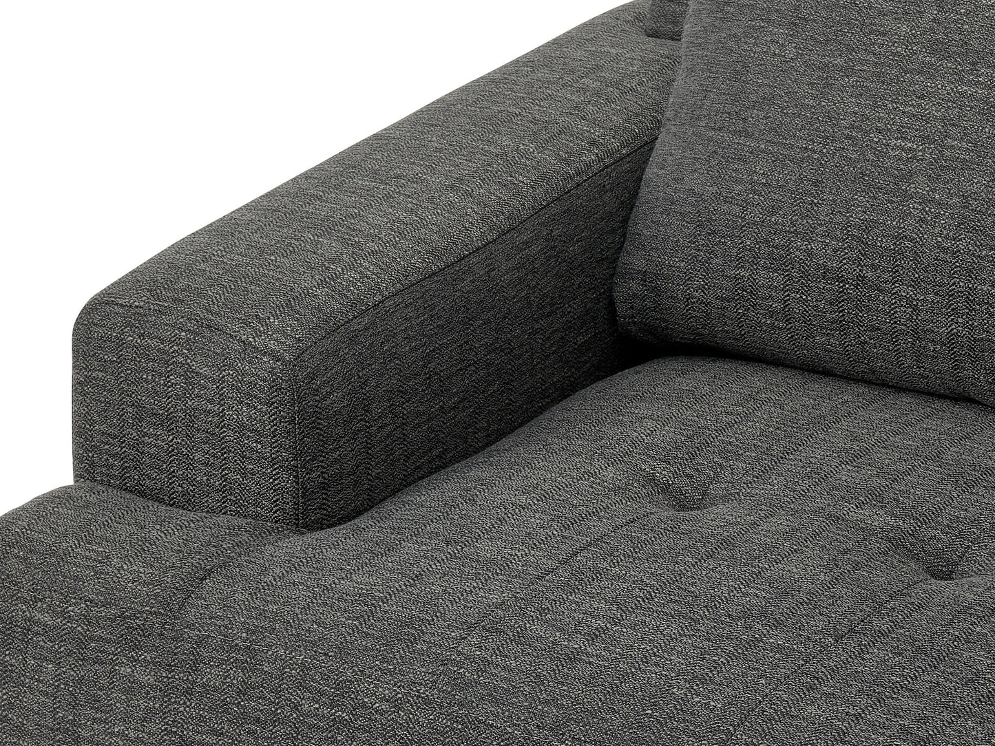 Dark grey mid century arm chair with tufted cushions and wooden legs.