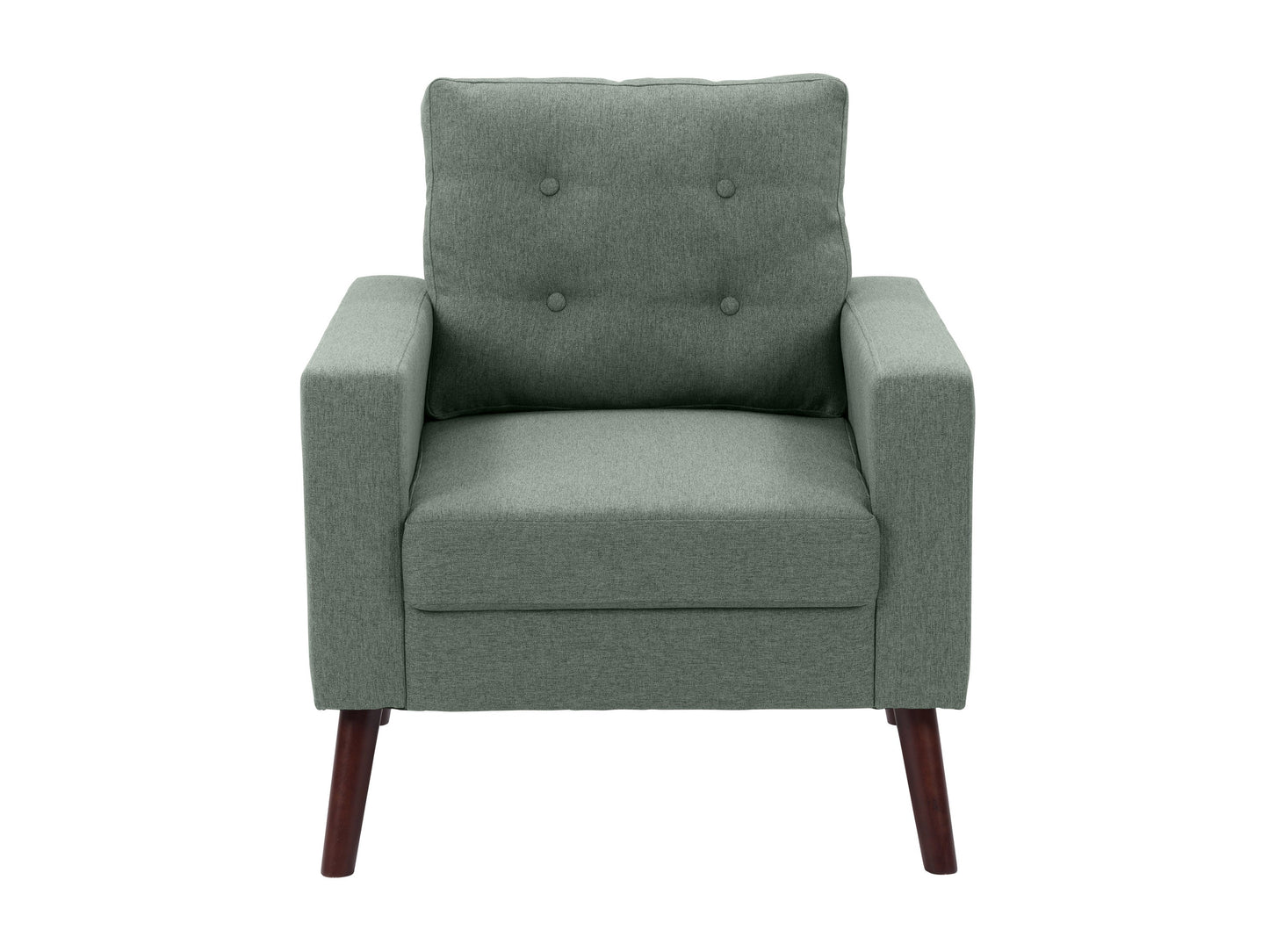 Green tufted accent chair with wooden legs, mid-century modern design, and plush fabric upholstery.