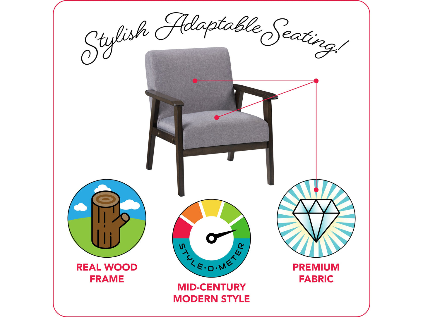 Grey wood accent chair with fabric upholstery, wooden legs, and a minimalist design.